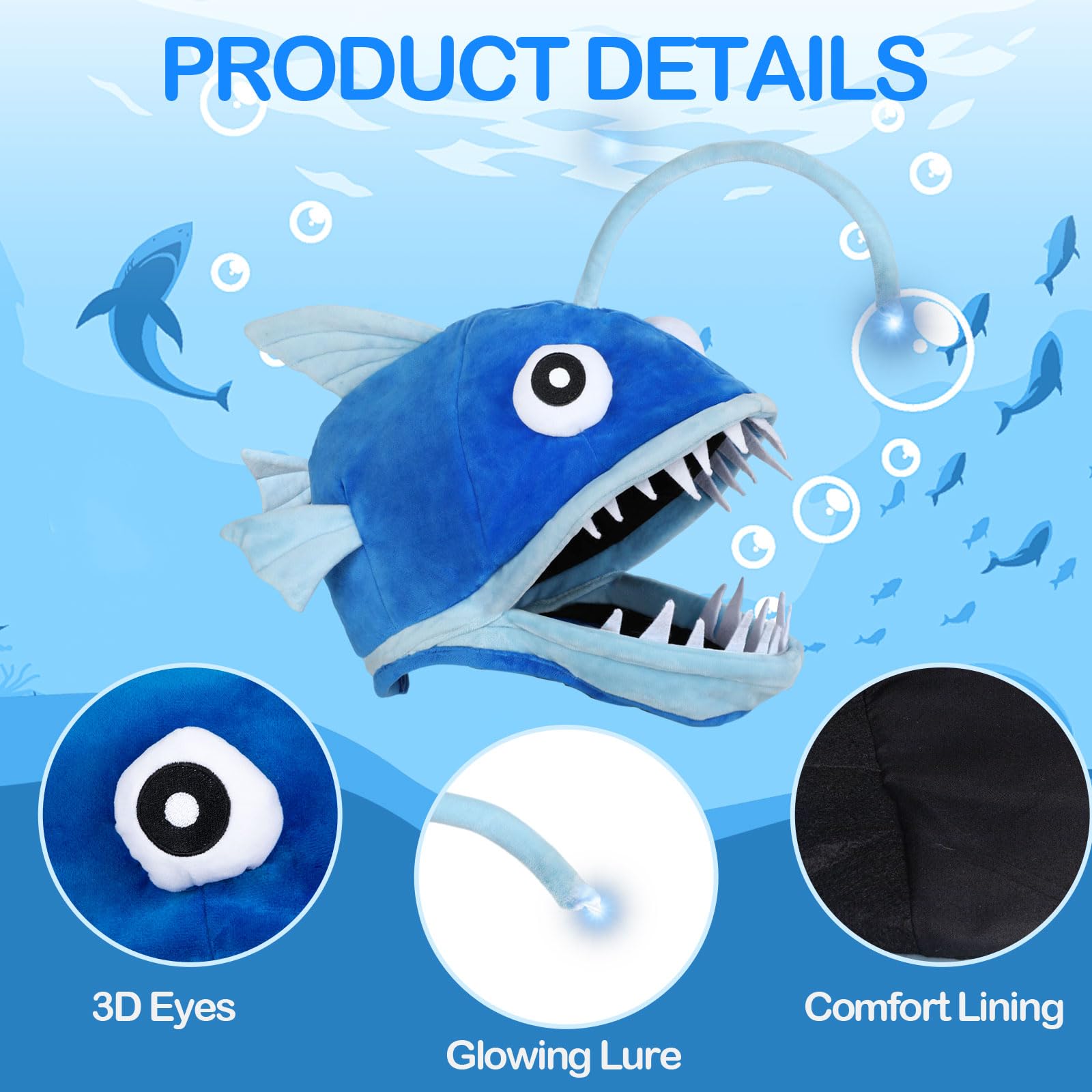 Tanganan Lantern Fish Hat Costume Novelty Luminous Halloween Hats Carnival Costume Party Animal Head Cap Lantern Fish Head Cover for Adult - Image 3