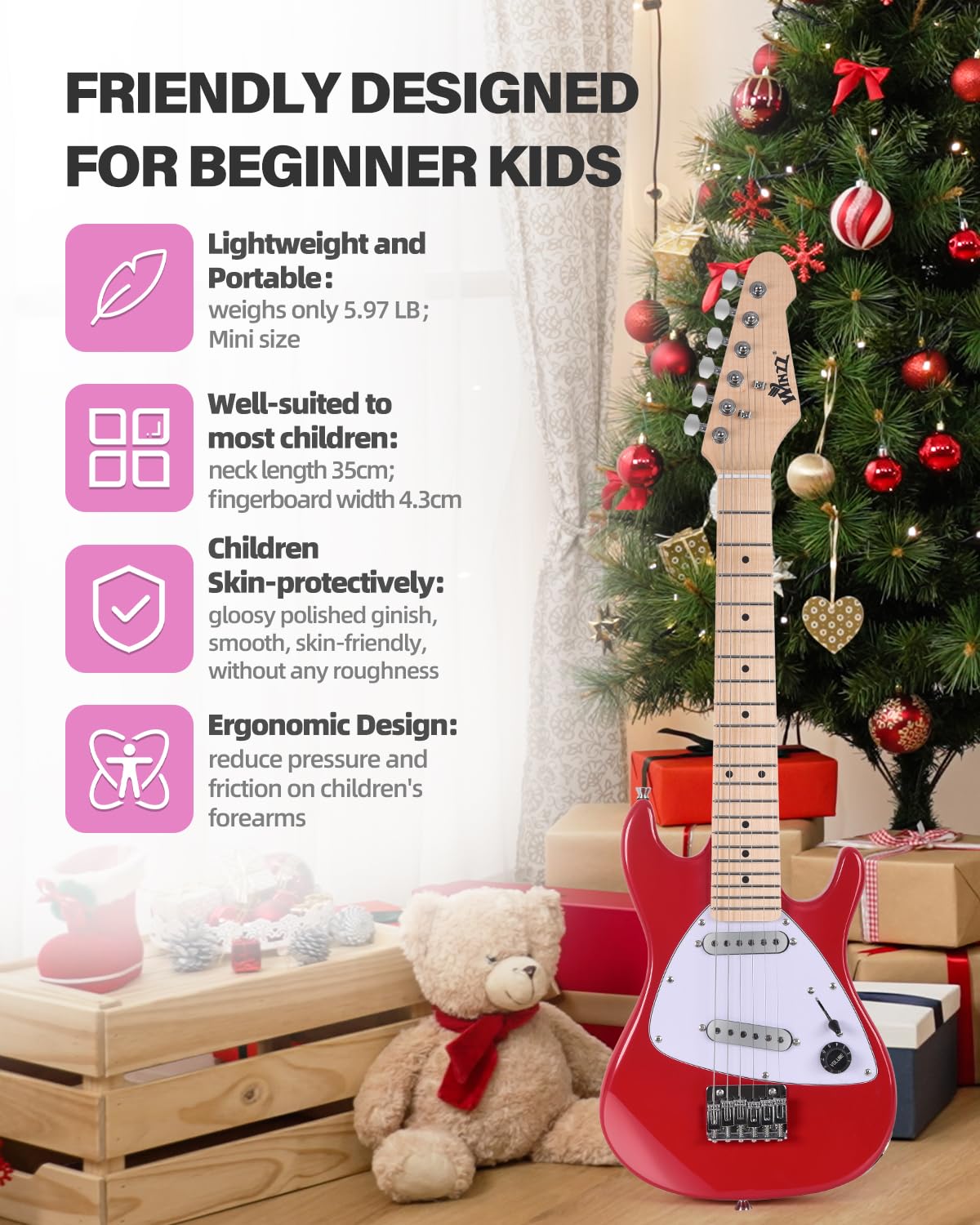 Winzz 30-Zoll-E-Gitarren-Einsteiger-Set für Kinder, Junior-E-Gitarre im Mini-Format (1/4 Größe) für Kinder, Komplettset für Einsteiger mit Verstärker, Glänzende Rote Farbe