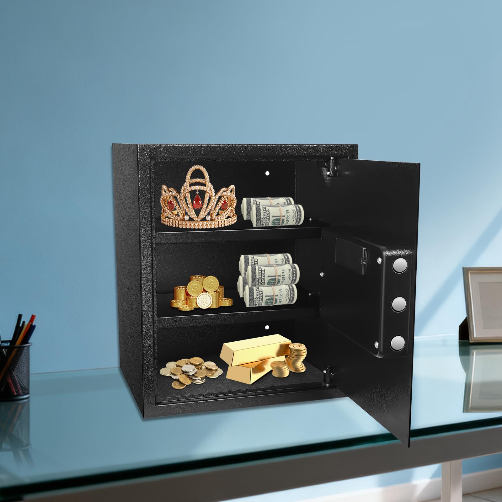 Cassaforte per casa, cassaforte per mobili con serratura a combinazione e chiave di ricambio, antifurto, 38 x 31 x 45 cm, in acciaio robusto per contanti, documenti e oggetti di valore
