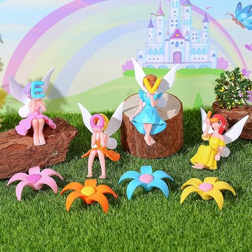 Pinenjoy 4Pcs Miniature Fairies Figurines with 4Pcs Flowers Mini Resin Elf Cake Topper for Fairy Garden Accessories Birthday Party Decoration Moss Landscape Bonsai Craft - Thumbnail 6