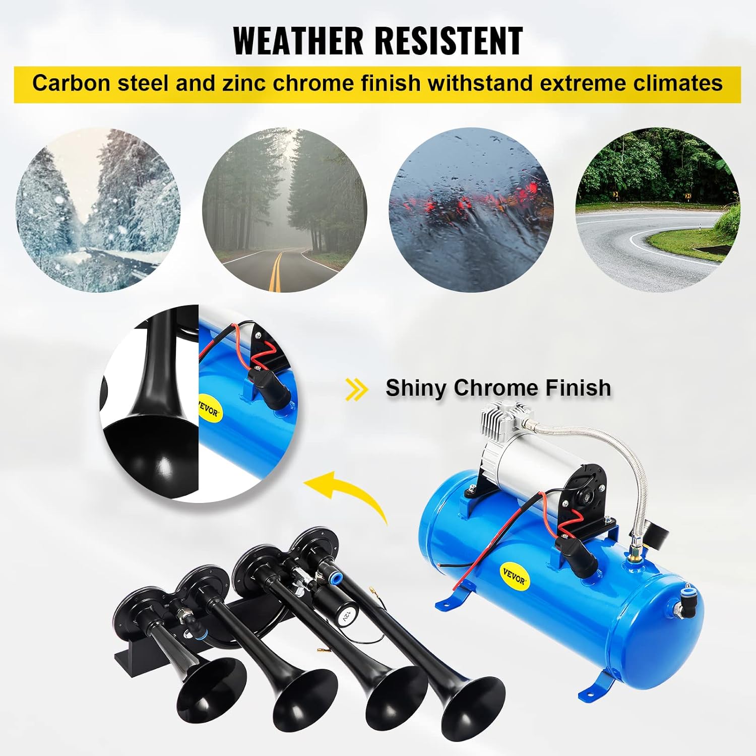 VEVOR Train Horn Kit weather resistance with carbon steel and zinc chrome finish