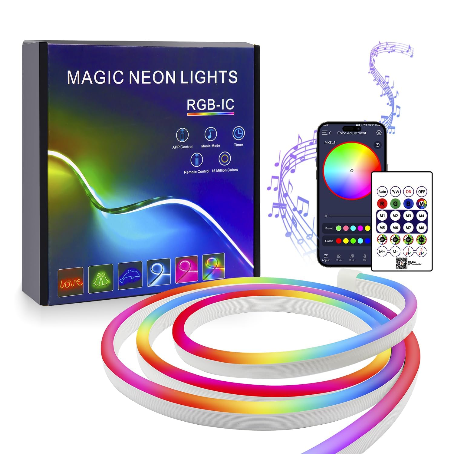 FWoche Neon LED Streifen 2m RGB IC, IP67 Wasserdicht USB LED Strip mit Bluetooth App und IR Fernbedienung, Musik Sync, Flexibel Silikon Lichtband, Magic Color für Wohnzimmer, Schlafzimmer, Wand