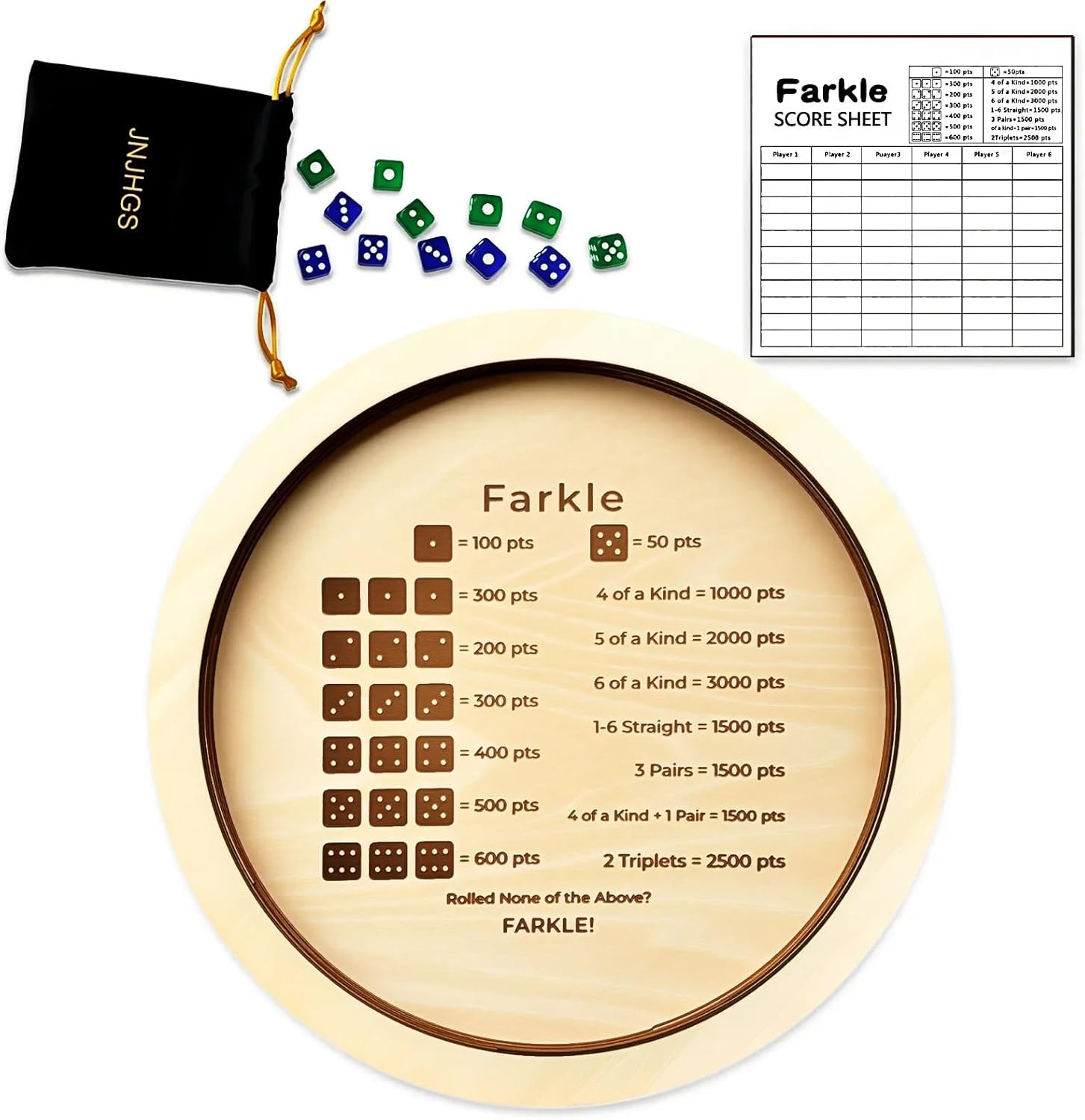 Farkle Dice Tray, Farkle Dice Game with 12" Wooden Dice Tray, 2 Sets of Dice and 50 Sheet Scorepad for The Classic Family Game (Natural‌)