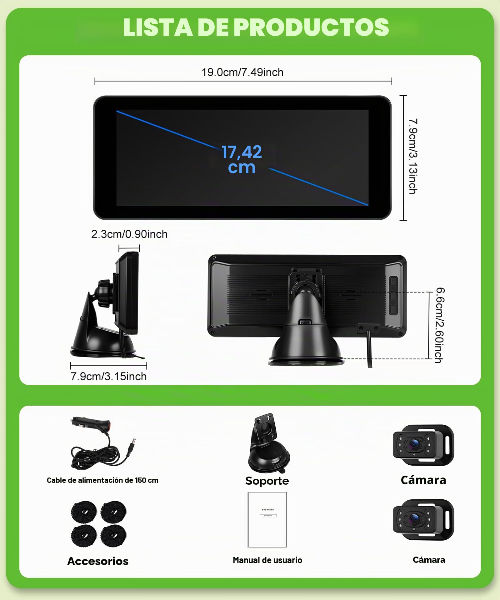 VECHTEL Dual Cámara Bebé Asiento Trasero HD 720P Espejo Retrovisor Bebé Coche Pantalla 6.86",Cámara de seguridad con visión nocturna giratoria de 360° para el espejo del asiento del coche