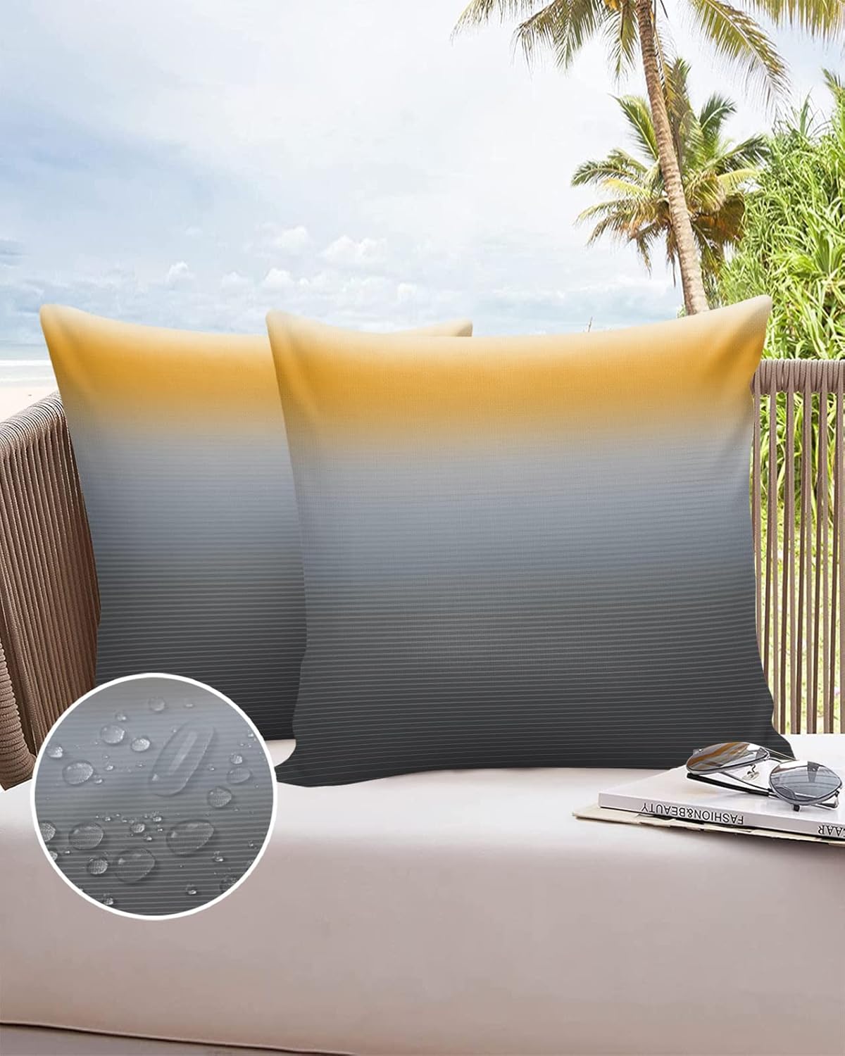 Ombre Outdoor Waterproof Throw Pillow Covers 26 x 26 Inch Set of 2, Mustard Yellow and Grey Gradient Pillowcases Decorative Square Cushion Cases for Patio Furniture Couch Porch Garden