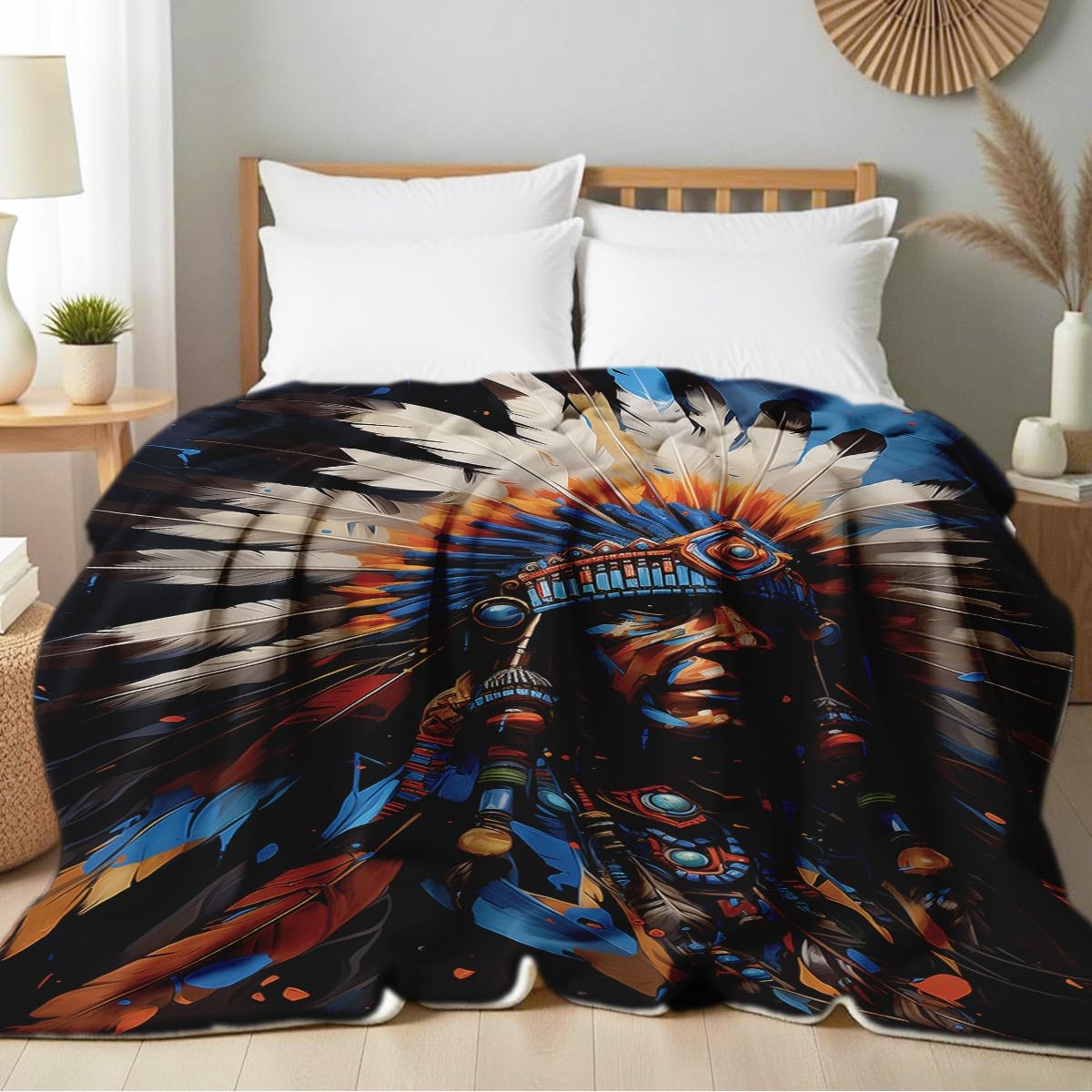 Native American Flannel Blanket Indian Tribal Chief Print Blanket Throw for Couch Bed Soft Bedding Decor Native American Gifts for Boys Men Adults (49"x59") - Image 2