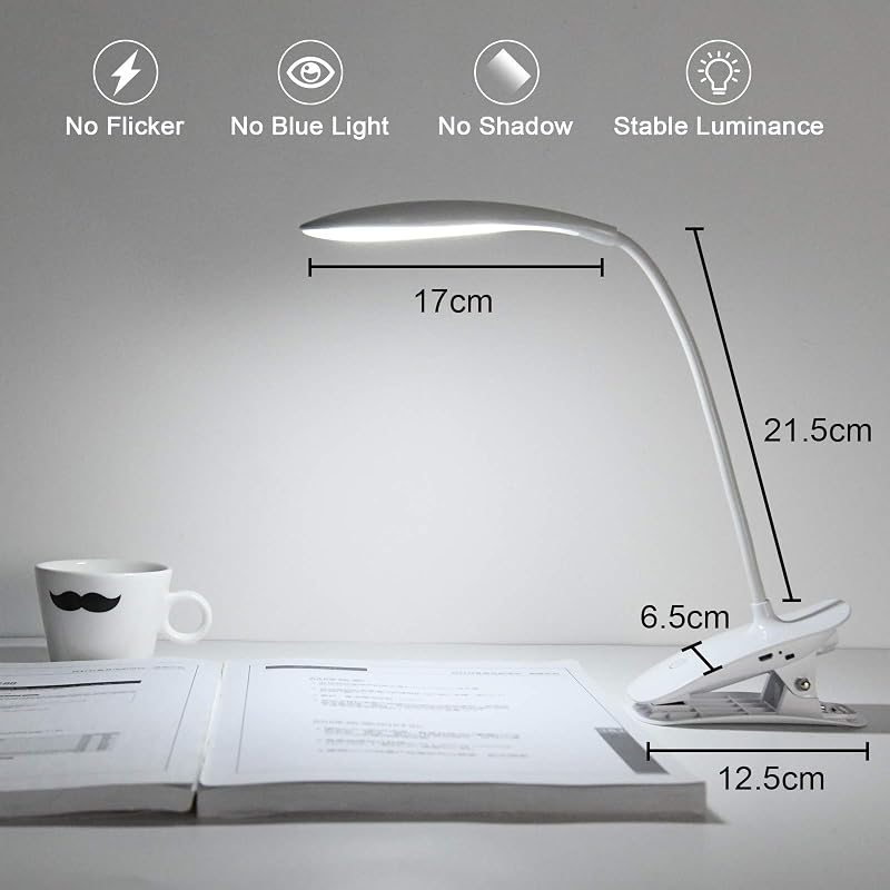 URAQT LED Asztali Lámpa - 360° Forgatható, 3 Fényerőszint, 1200 mAh Akkumulátor, Csíptethető, USB Töltés, Érintésvezérelt Olvasólámpa