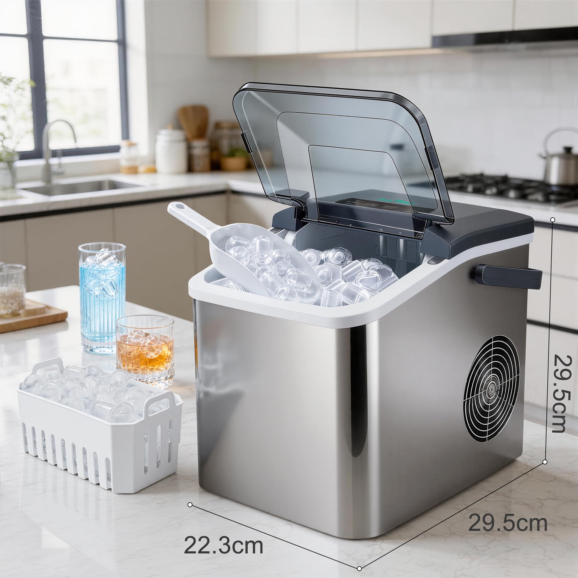 Eismaschine, 2 Größen an Kugeleis aus Edelstahl Tisch-Eismaschine - Silber | Eismaschine mit täglich 12 kg Eisausstoß, 9 Eisstücke fertig in nur 9 Minuten – ideal für Zuhause, Küche und als Geschenk