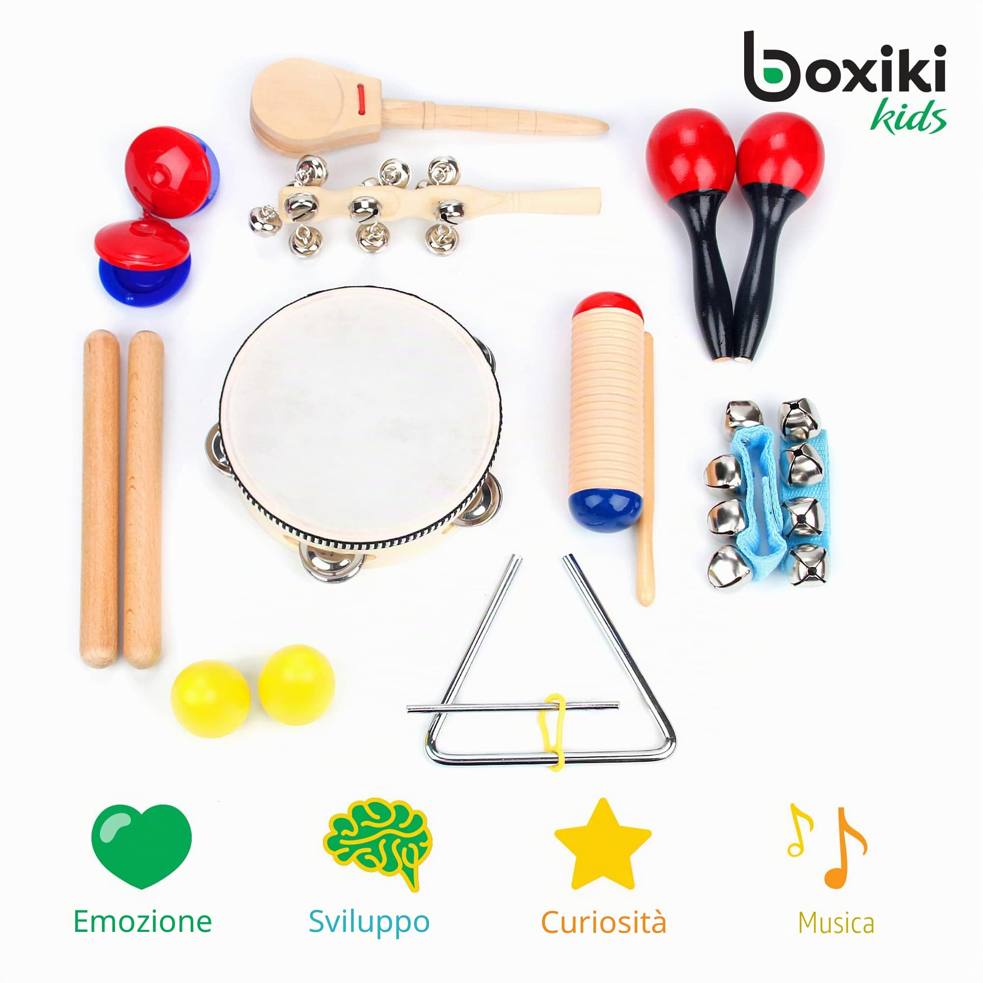 Strumenti Musicali Bambini 16 pezzi di Boxiki Kids, Ritmo e Giocattoli Musicali Compreso Legnetti Musicali, Shaker, Tamburello, Campanelli da Polso e Maracas per Bambini da 1 a 3 Anni