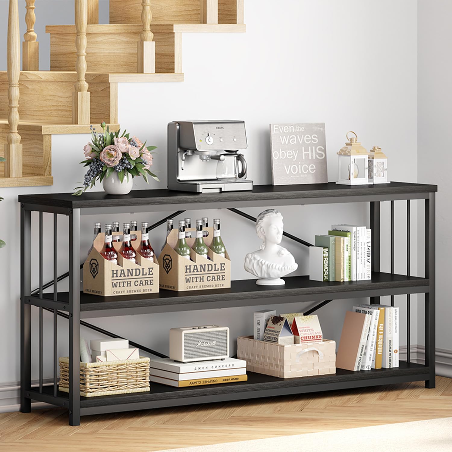 IBF 63" Black Low Horizontal Bookcase, Modern Long Wood Metal 3 Tier Book Shelf, Farmhouse Vintage Big Open Sturdy Bookshelf, Simple Large Wide Etagere for Home Living Room Office Bedroom, Black Oak