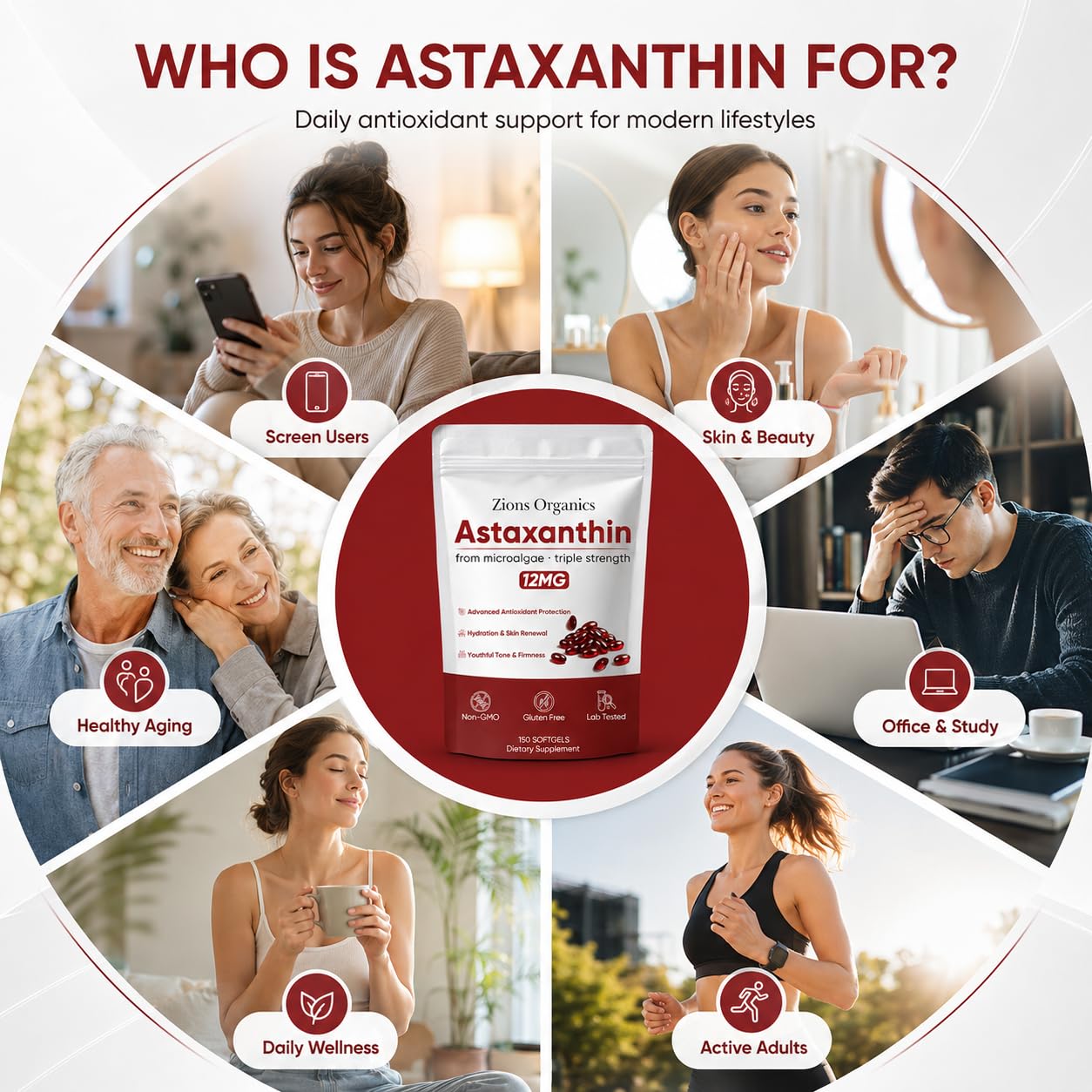 Zions Organics Astaxanthin 12mg Softgels - Premium Astaxanthin Antioxidant Supplements, Triple Strength, Non-GMO, Gluten Free, No Soy, 200 Softgels — Amazon image 2