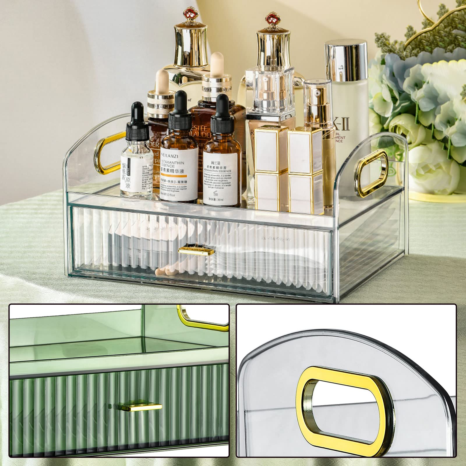 DASITON Make up Organizer mit Schubladen,Große Kapazität Skincare Organizer,Retro Badezimmer Dresser Schlafzimmer Kosmetik Organizer,Acryl Kosmetik Aufbewahrung für Schminke und Schmuck(Transparent)
