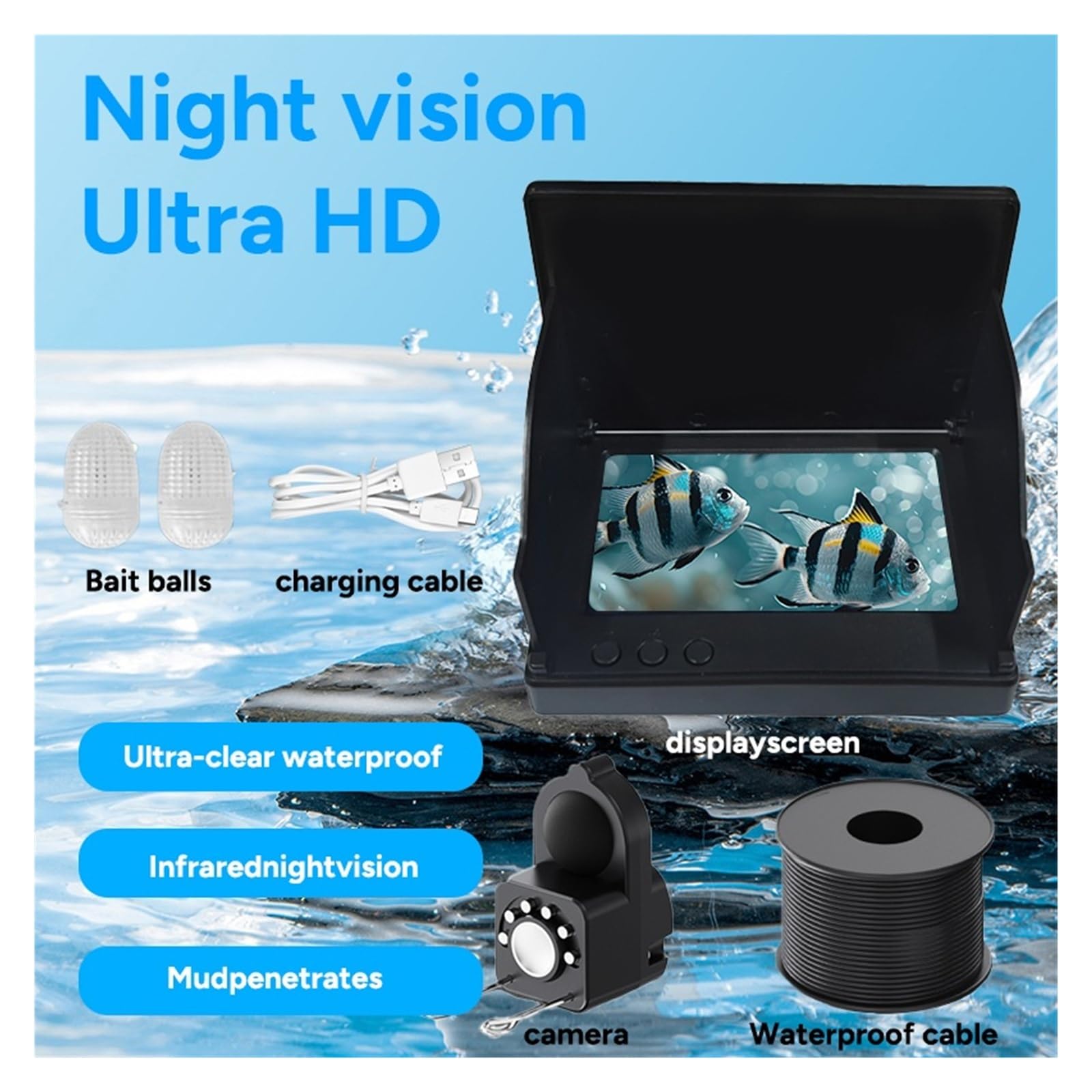 Telecamera da pesca LCD portatile 4,3 pollici Ecoscandaglio con profondità di a 130°,Alta definizione(8000MA(15m))
