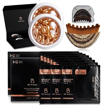 BS-MALL 2 Niacinamide Facial Mask + 2 Fullerene Placenta Essence Capsules & Lymphatic Contour Face Brush Complete Brightening, Hydrating & Anti-Aging Skincare Ritual for Glowing, Healthy Skin