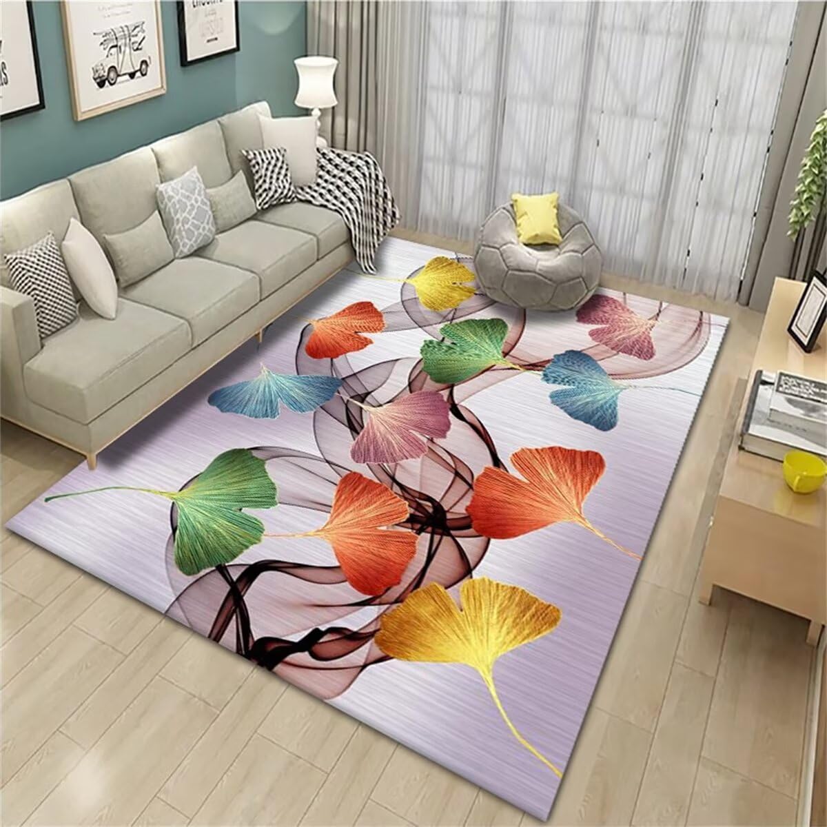 Tapis violet 150x200cm à impression végétale moderne pour balcon ou dressing de salon