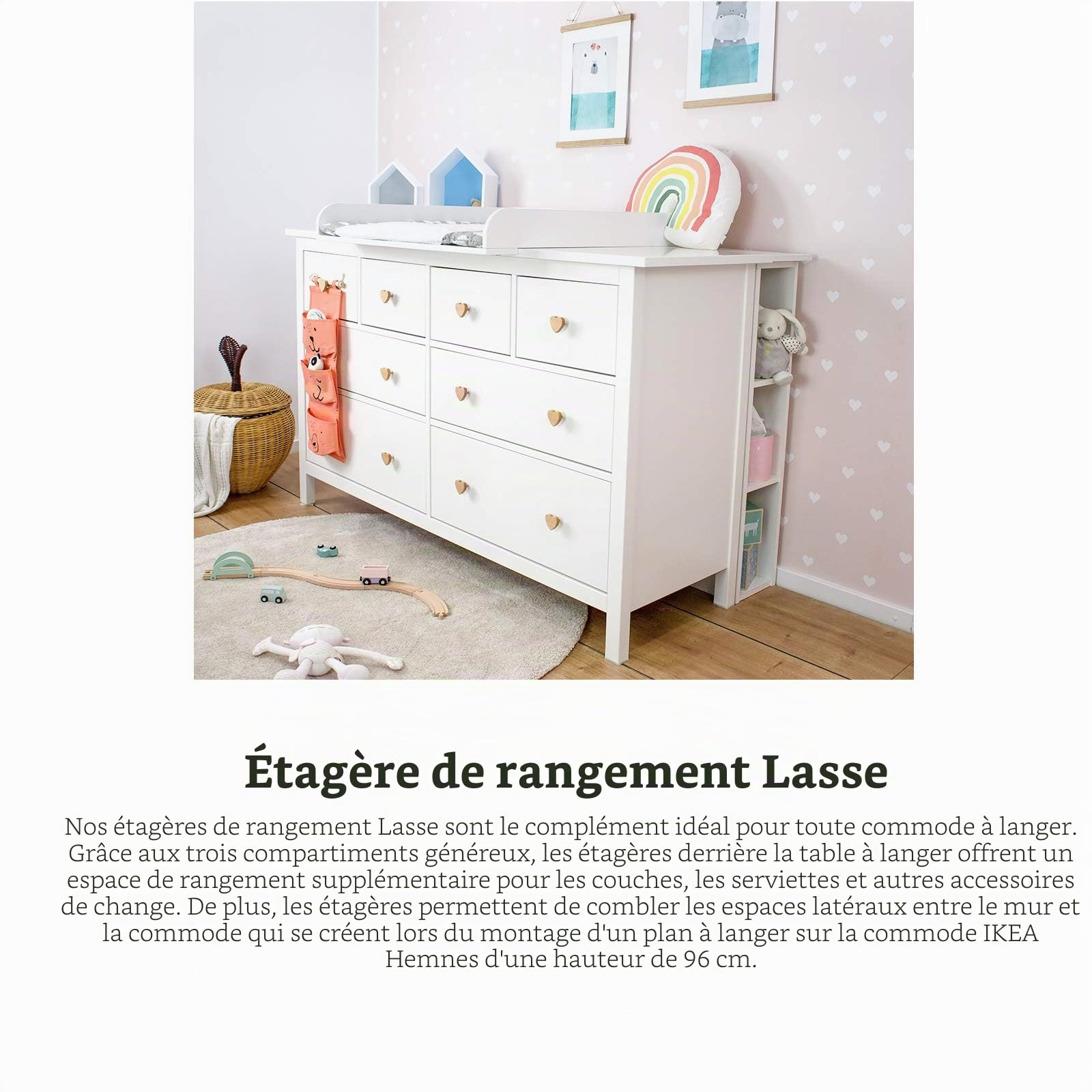 Puckdaddy Lasse | Étagère Compatible avec Les commodes IKEA Hemnes | 19x30x93cm | Etagère en Bois Blanc | Étagère de Commode pour Table à Langer | Etagère Table à Langer pour Chambre d'enfant