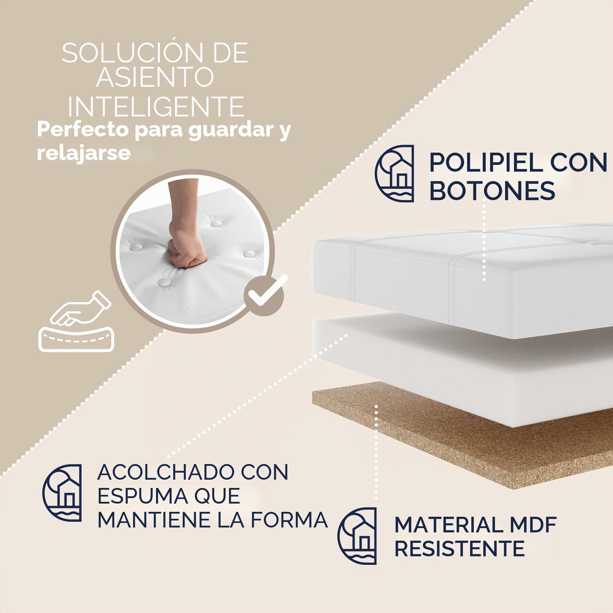 CASARIA® Banco Almacenaje Plegable Puff Reposapiés Otomana Almacenamiento Salón Dormitorio Capacidad Carga 300kg Resistente Efecto Piel 115x40x40cm Blanco