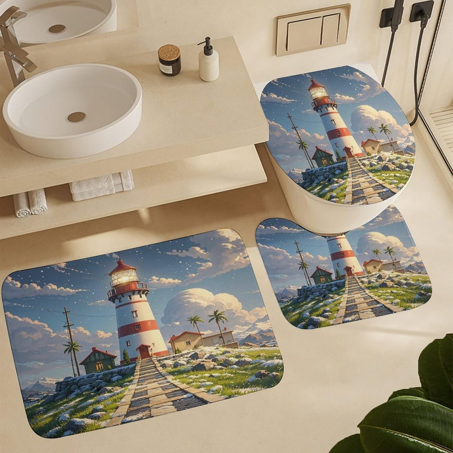 Lighthouse Bathroom Rugs Sets 4 Piece | Shower curtain sets, non-slip absorbent soft flannel bath mat, u-shaped toilet mat & lid cover, bathroom decor accessories