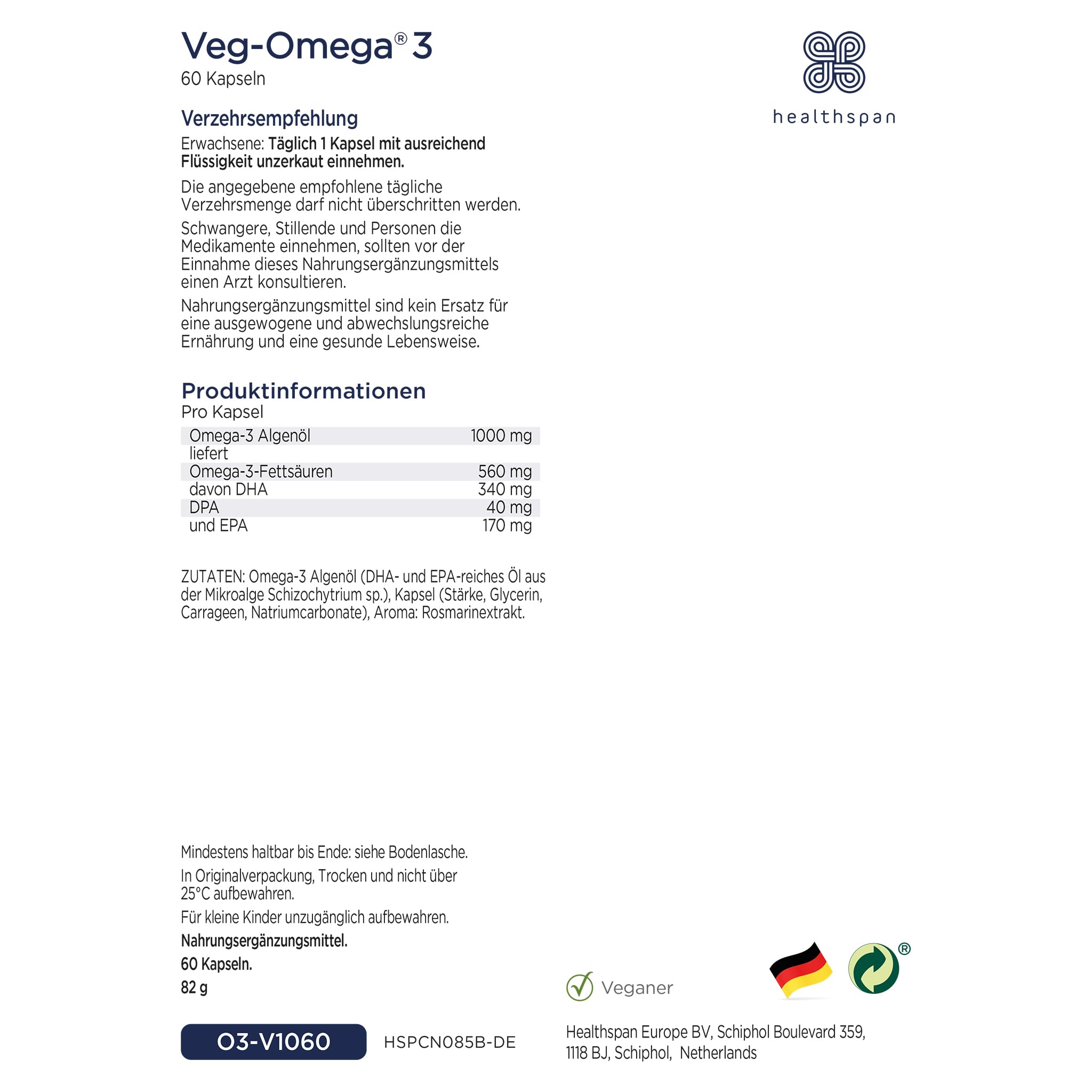 Healthspan Veg-Omega 3 1.000 mg | Unterstützt die Gesundheit von Gehirn, Auge und Herz | Vegane Algenquelle | Omega-3-Fettsäuren DHA und EPA | GVO frei | 60 Kapseln