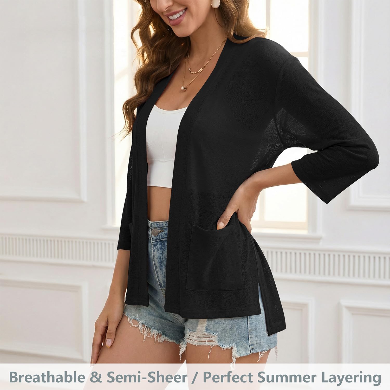 Womens Summer Loose Fit Lightweight Cardigan 3/4 Sleeve Open Front Sheer Cover Ups Hight Low Hem with Pockets - Image 2