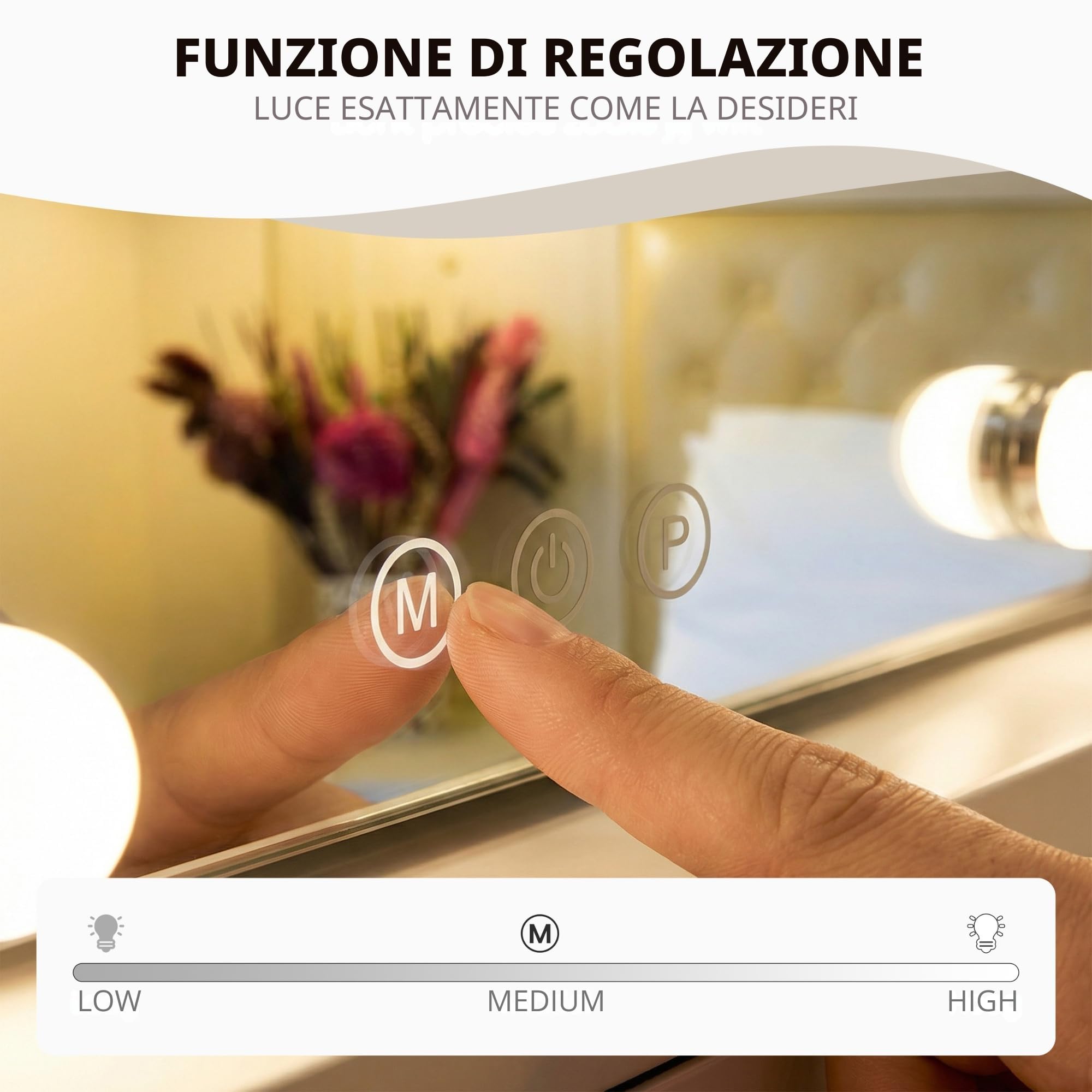 Bayt Specchio Hollywood con luci LED – Specchio Trucco Bianco 58x46 cm con 15 Lampadine Dimmerabili, 3 Tonalità di Luce (calda, fredda, naturale), Touch Screen & Specchietto Ingranditore 10x