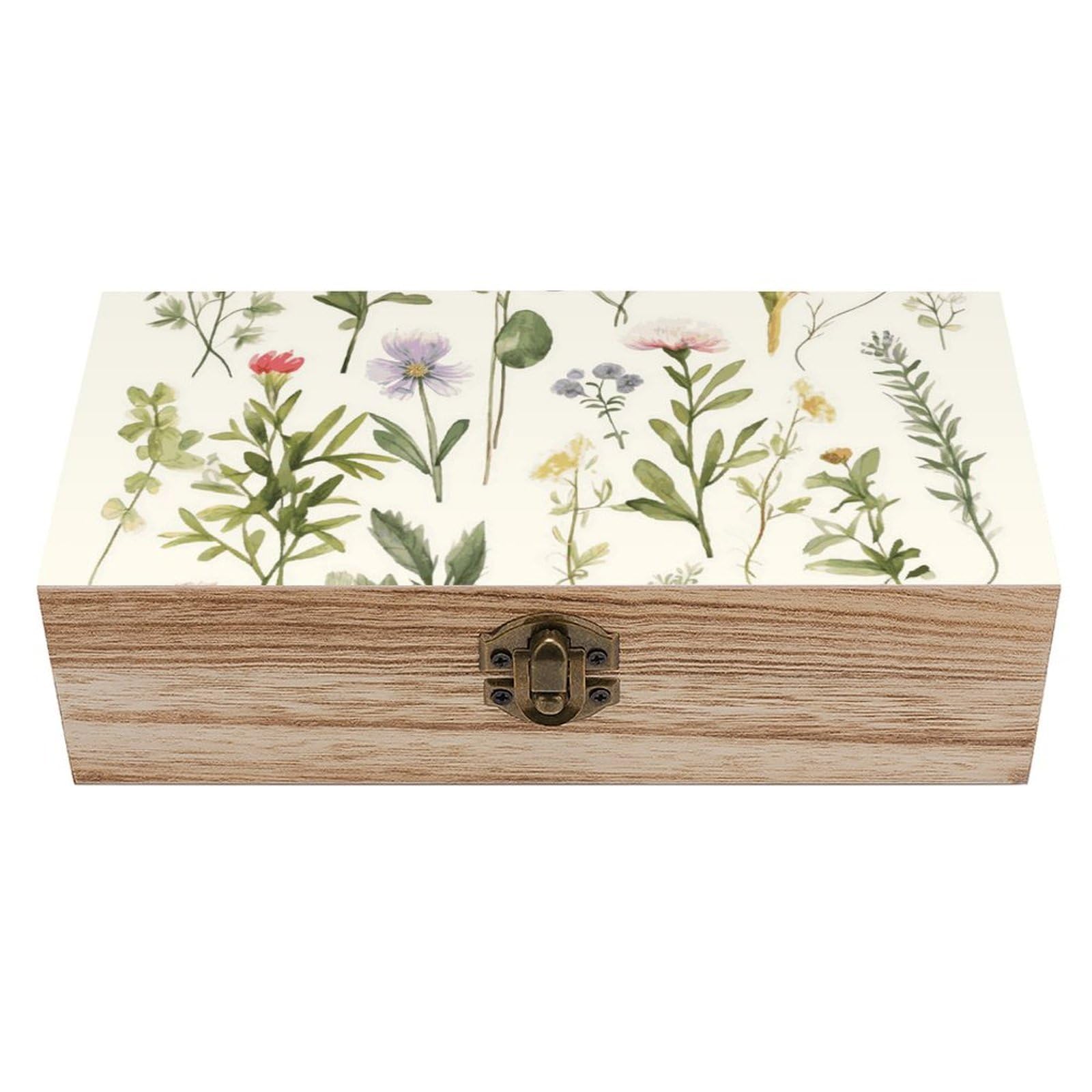 Season Watercolors of Herbs Flowersb Wooden Storage Box Exquisite Durable Wood Gift Case Sturdy Vintage Jewelry Wooden Chest for Art Hobbies Storage Keepsake Gift