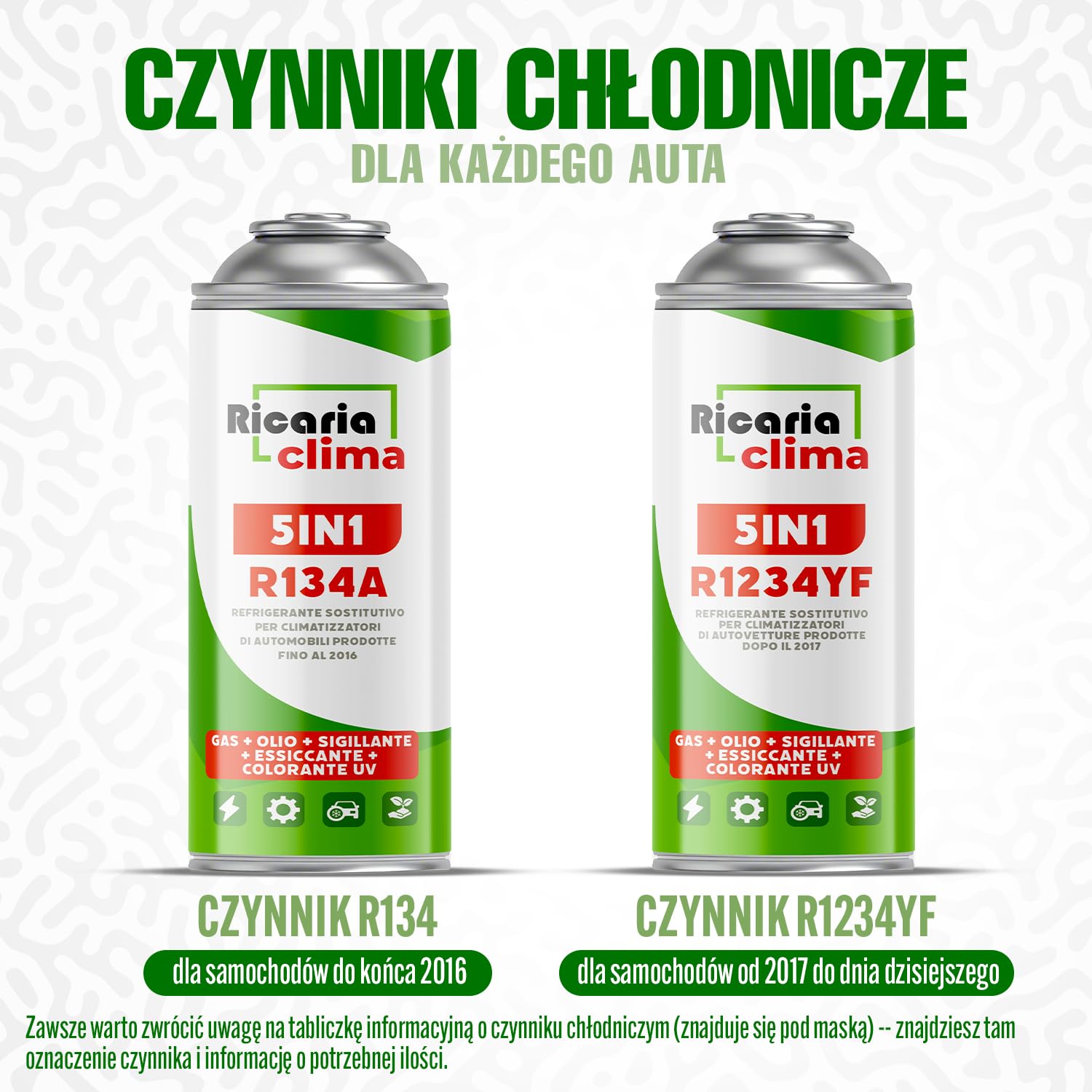 5in1 – 2x Gaz R134a i Olej + 2x Czynnik Chłodniczy R134a 5in1 XL 235g Każda Puszka, do Samochodowej Klimatyzacji z Olejem, Uszczelniaczem, Barwnikiem UV, Środkiem Osuszającym + Wąż