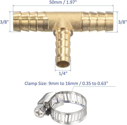 Miniatura 3 de Juego de 2 accesorios de púas de manguera de latón, conector de tubo de latón de 38 x 38 x 14 pulgadas de diámetro exterior con abrazaderas de