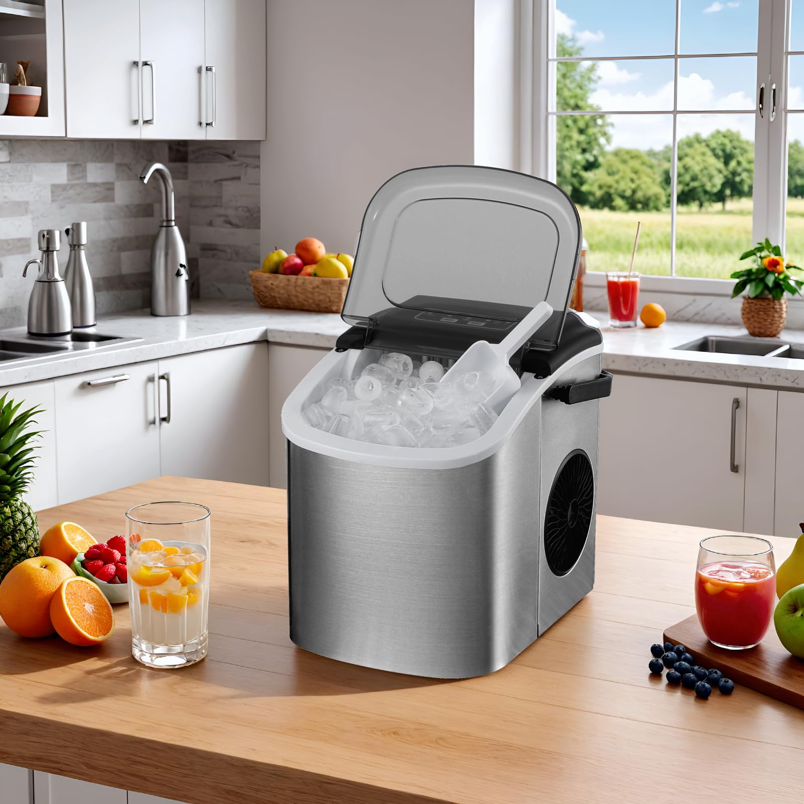 Macchina Ghiaccio, Macchina Ghiaccio Casa 12kg/24h, 9 Cubetti di Ghiaccio in 6 Minuti, 2 Dimensioni di Ghiaccio, Macchina del Ghiaccio Autopulizia, Macchina per il Ghiaccio con Maniglia/Cestello/Pala