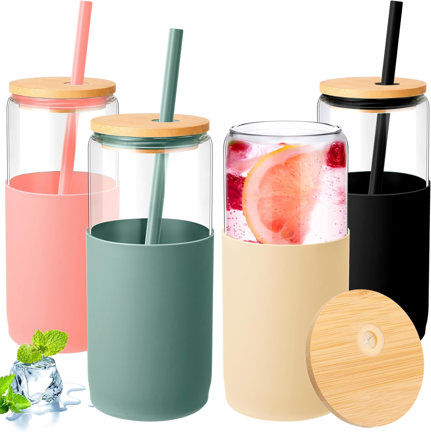 4 Pack 20 oz Glass Tumbler with Silicone Sleeve Iced Coffee Cups with Lids Straw Can Shaped Water Bottle for Valentines Spring Home Outdoor (Blue, Amber, Black, Pink)