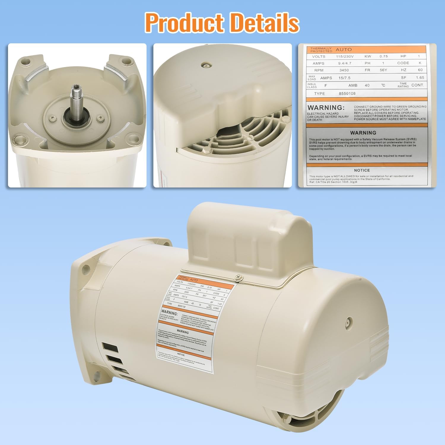 355010S Pool Pump Motor 1HP 115-230V, Energy Efficient Compatible with WhisperFlo High Performance Pump Model WFE-4 and WFE-2, for SuperFlo model SF-N1-1/2-AE; 1 Speed Replace 071314S