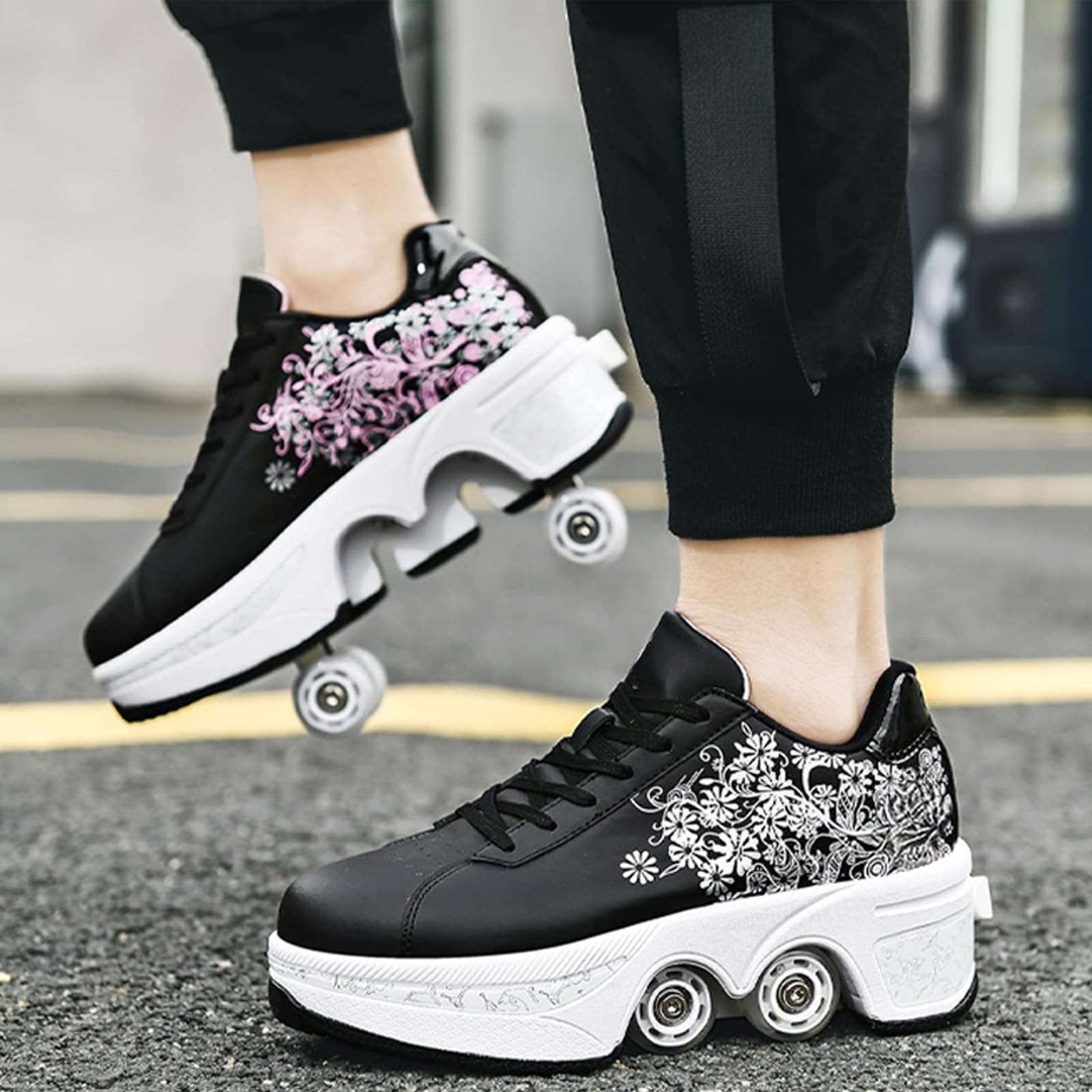 2-in-1 Roller Skates Double-Row Deform Wheel Roller Skating Automatic Walking Shoes Fitness Kick Roller (Hhua, 10 Women/9 Men)