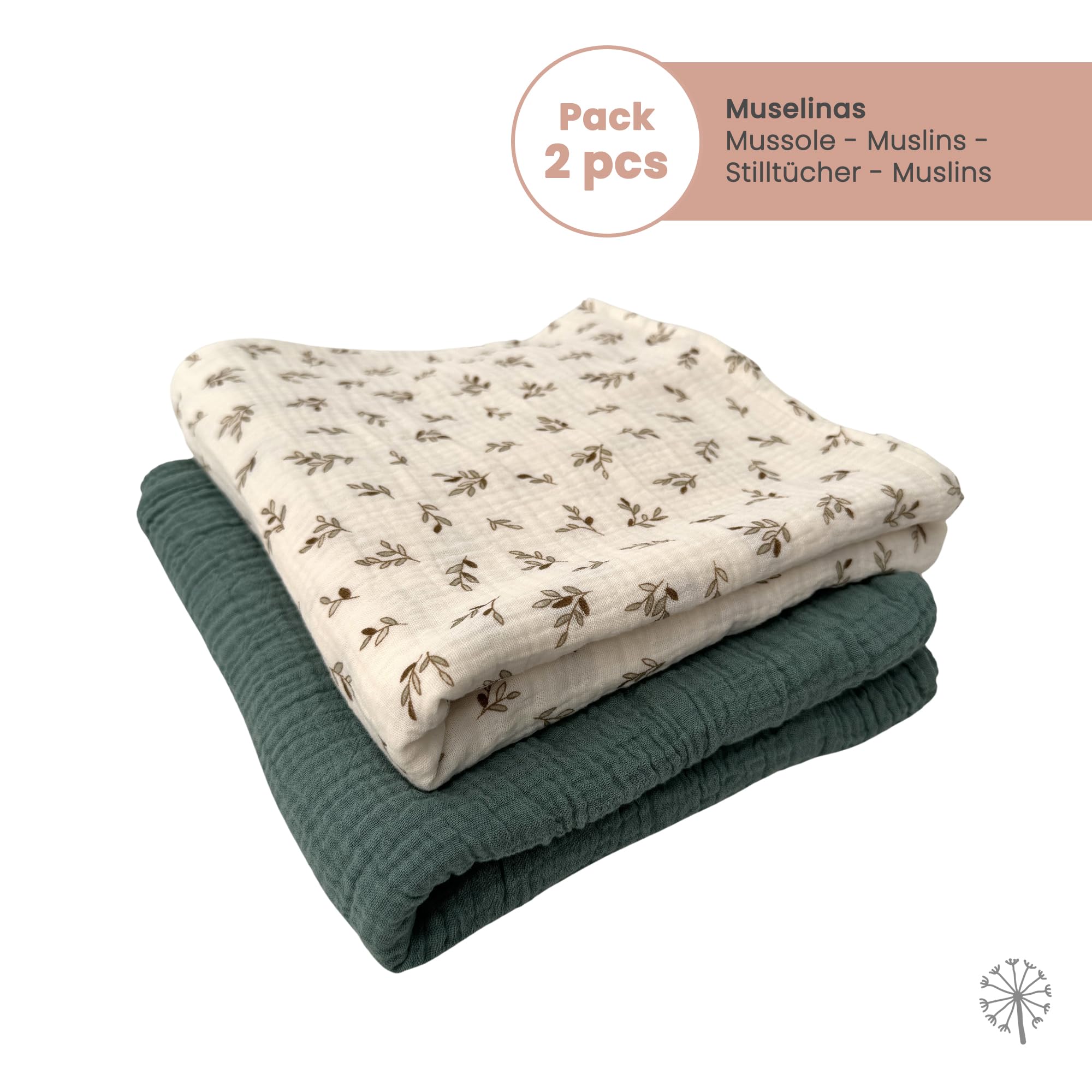 Confezione da 2 Mussola per Bambini 1x1m, Panno per Allattamento in Cotone Morbido, Assorbente, Traspirante (Ecru/Mint)