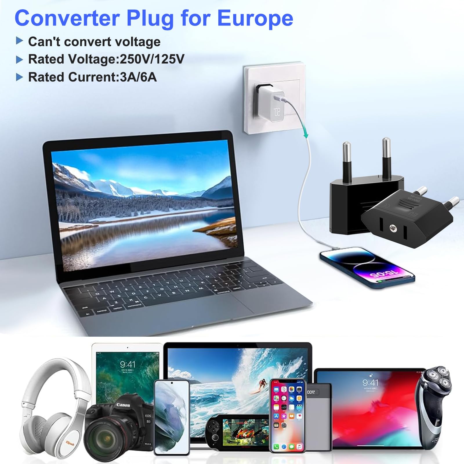Clomnpe 4 Piezas Adaptador Enchufe Americano a Europeo, Adaptador Enchufe USA a España, Compacto, Fácil de Transportar y Usar, Adecuado para Viajes de EE.UU./Canadá/Japón/Asia a España/Europa-Negra — view 5