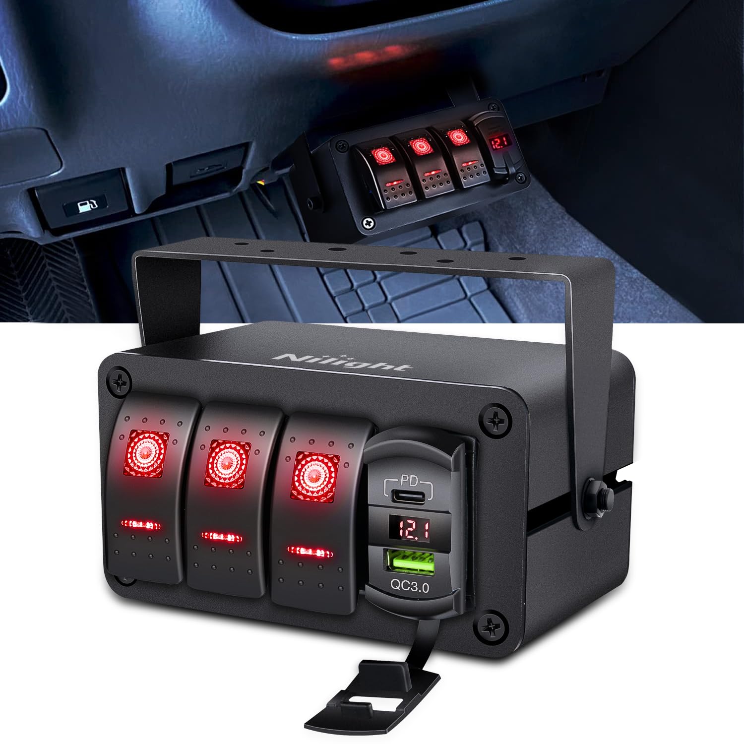 Nilight 3 Gang Rocker Switch Box installed in a vehicle dashboard and a close-up view of the product.