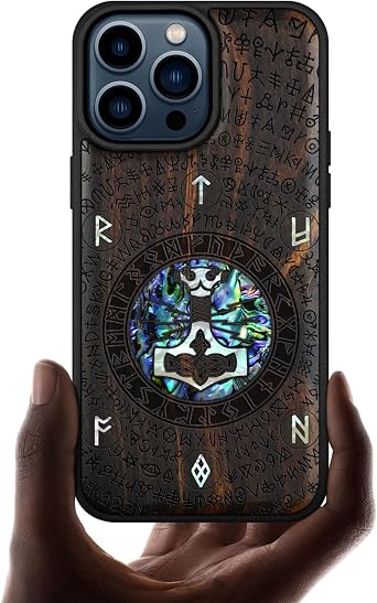 Carveit Wooden Case for iPhone 15 Pro Max Magnetic Case, Compatible with MagSafe Wireless Chargers, Shockproof Cover, Handmade Shell Inlaid & Wood Artisan Engraved Thors Hammer Blackwood