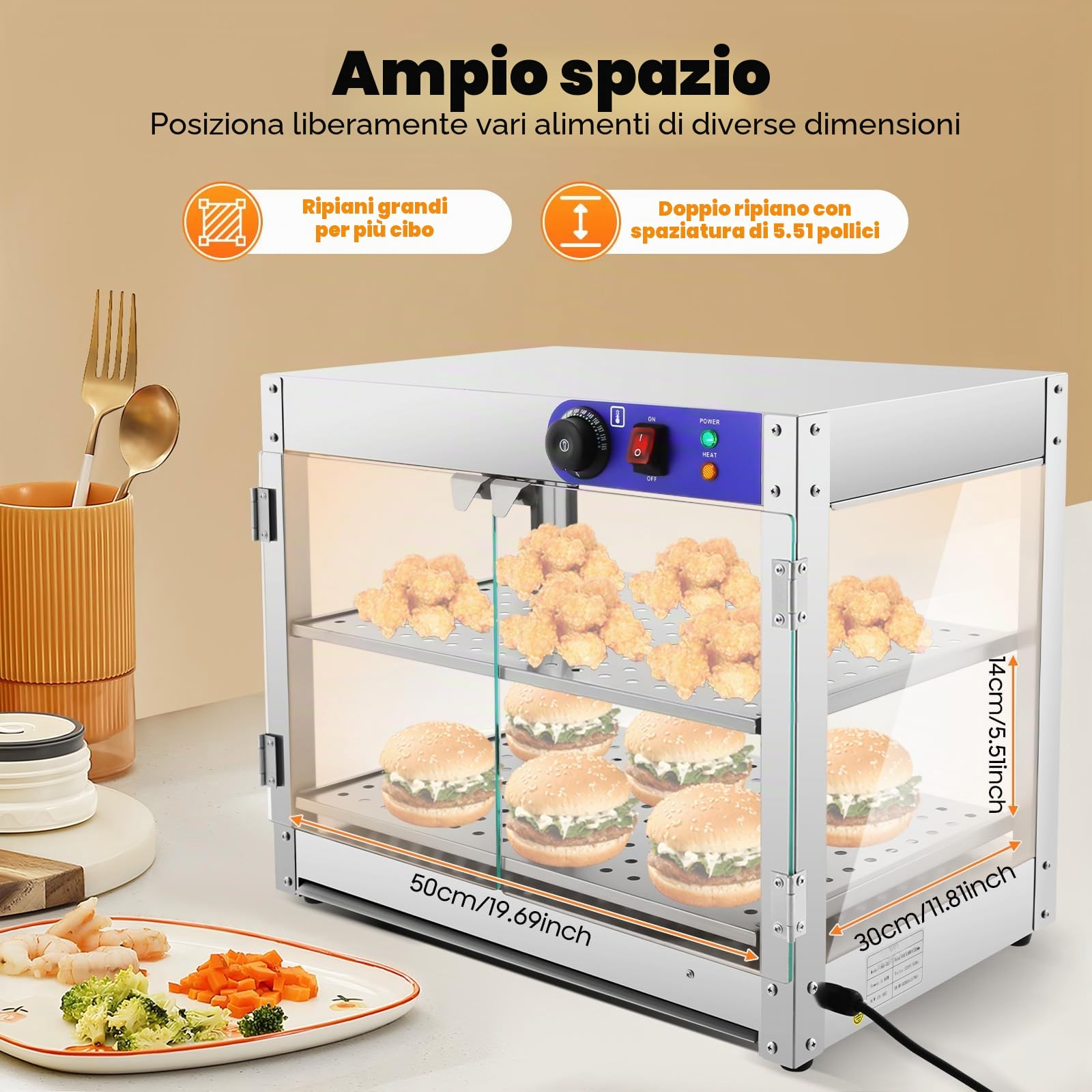 Vetrina per alimenti a doppio strato, con illuminazione a LED, capacità per ristoranti, panifici e caffetterie, 800 W