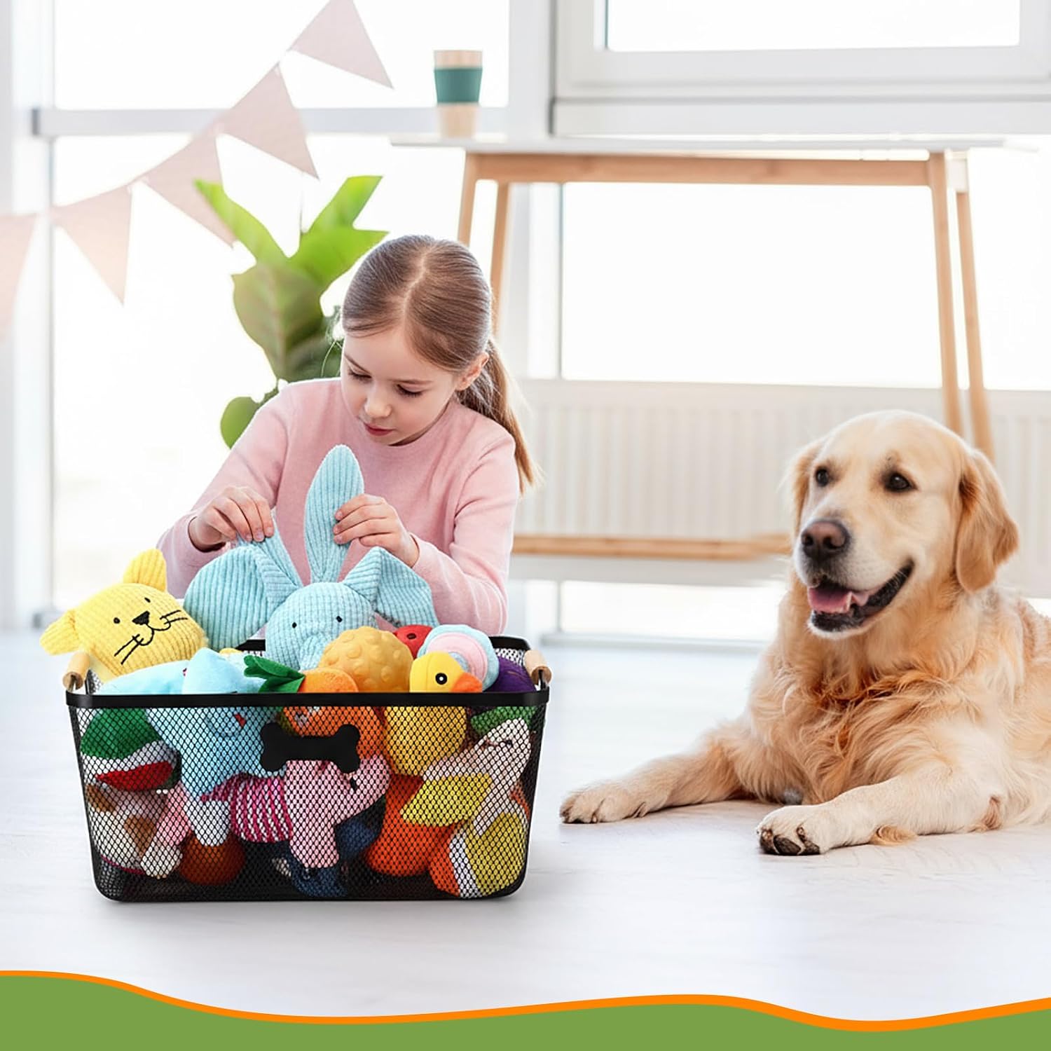 4 Pack Metal Dog Toy Storage Baskets with Wooden Handles, Chew Resistant Pet Organizer Bins for Dog Toys, Leashes, Accessories, Stackable Mesh Pet Storage for Home Outdoor