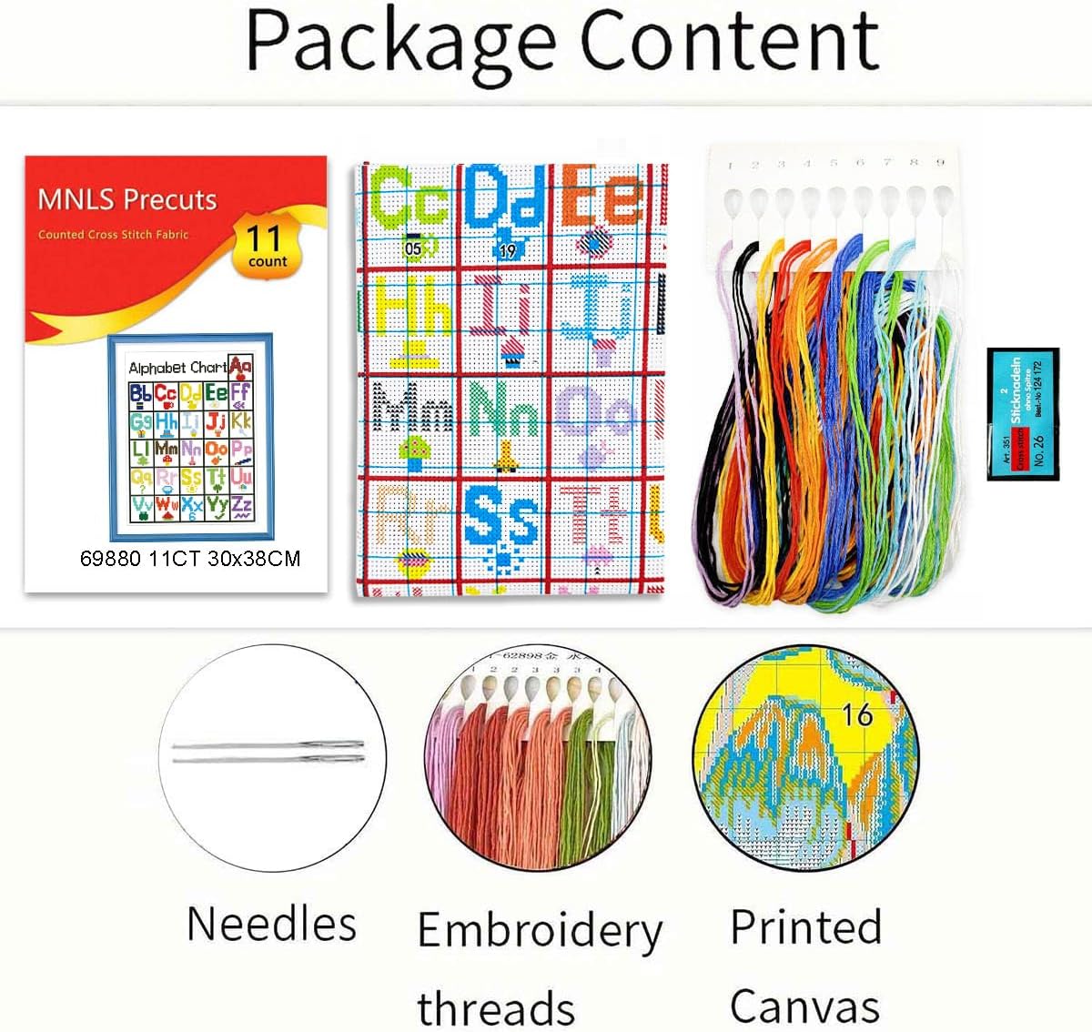 Zhenqing Artistic Alphabet Cross Stitch Kit - 26 Illustrated Letters on 11CT 30x38cm Fabric, Includes Needles & Stitching Tools