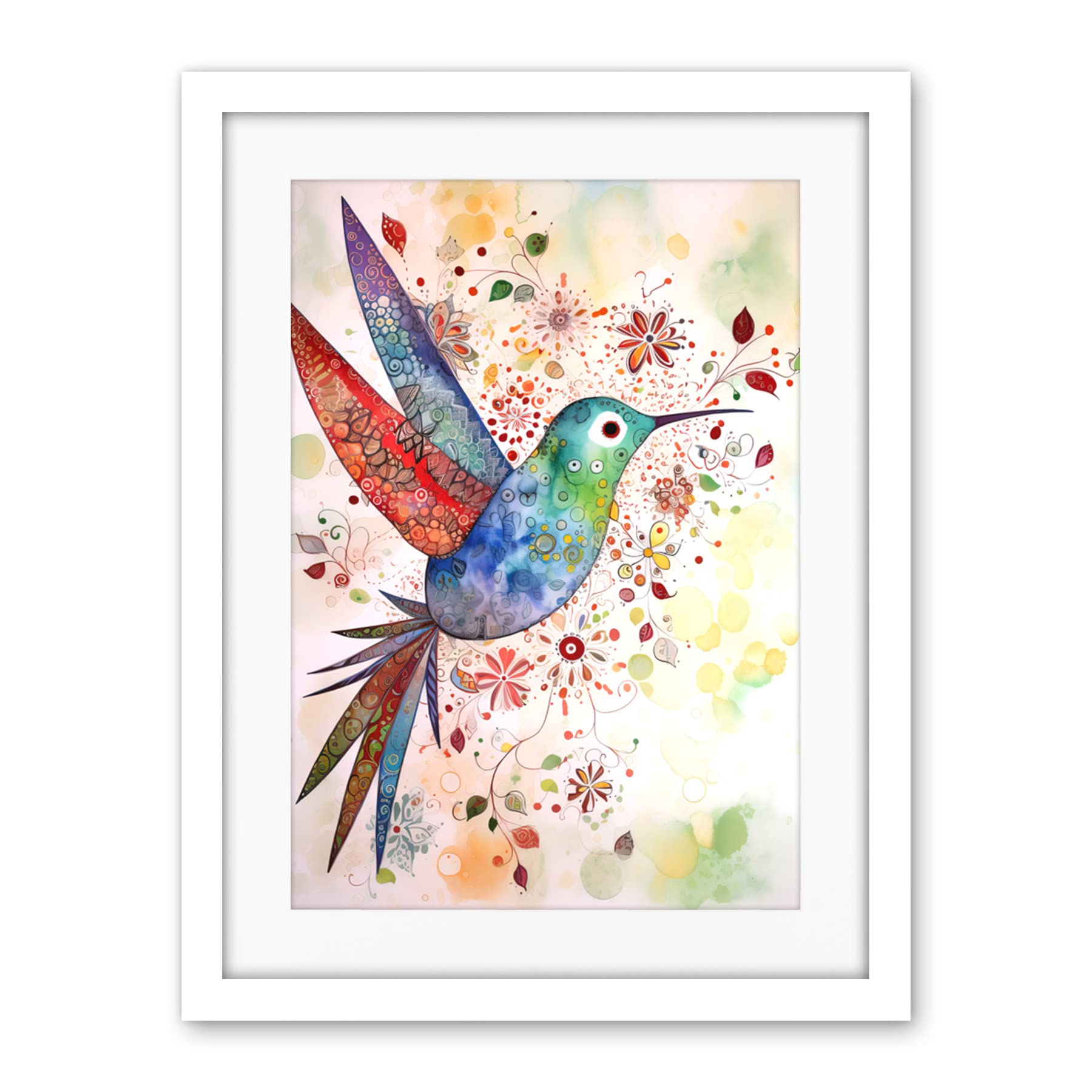 Artery8 Hummingbird With Flower Patterns Folk Art Watercolour Painting Artwork Framed Wall Art Print 18X24 Inch