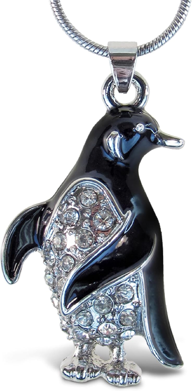 Puzzled Silver Penguin Necklace - Charming Silver Detailed Necklace with Sparkling Rhinestone Crystal Penguin Charm, Cute Jewelry Pendant Necklace Accessory with Long Silver Chain - 18 Inches