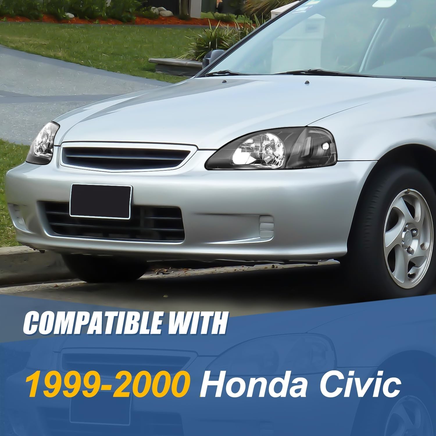 Auto Dynasty Headlights Assembly Compatible with 1999 2000 Honda Civic EJ EK EM, Driver and Passenger Side Halogen Headlamps Replacement, HO2503113 HO2502113, Black Housing Clear Corner