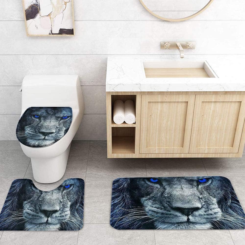 Bеѕt Quаlіtу 🔥 T&H XHome Luxury Shower Curtain Set 4 Pcs for Bathroom,3D Lion Head with Blue Eyes Animal Pattern-Durable Waterproof Bath Curtains with Non-Slip Bath Rug Mat,Toilet Lid Cover & Contour Mat