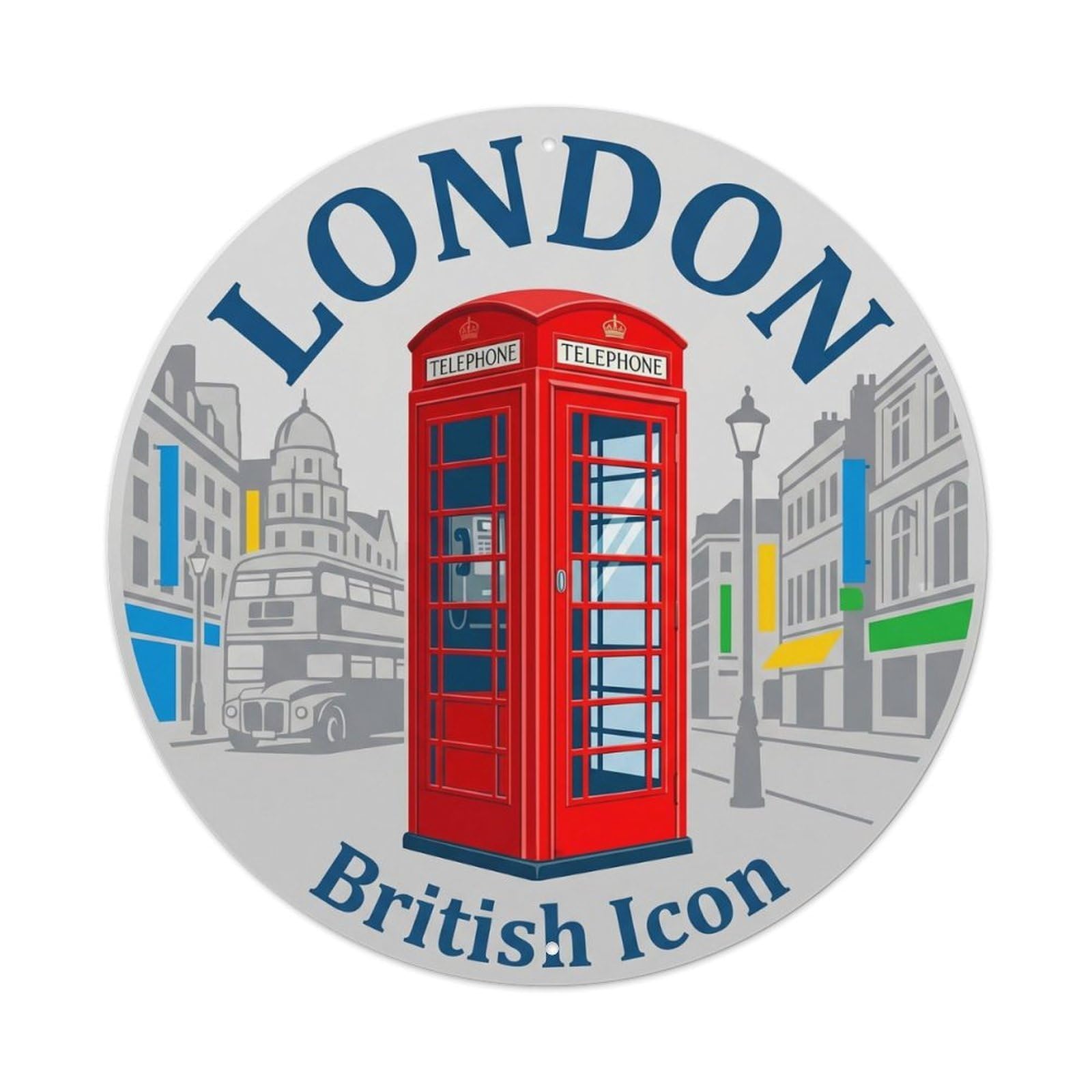 Vintage Travel Telephone Box London Metal Tin Sign Plaque Wall Decor for Cafe, Club Bar, Office, Home Garden Round Metal Poster 8x8Inch