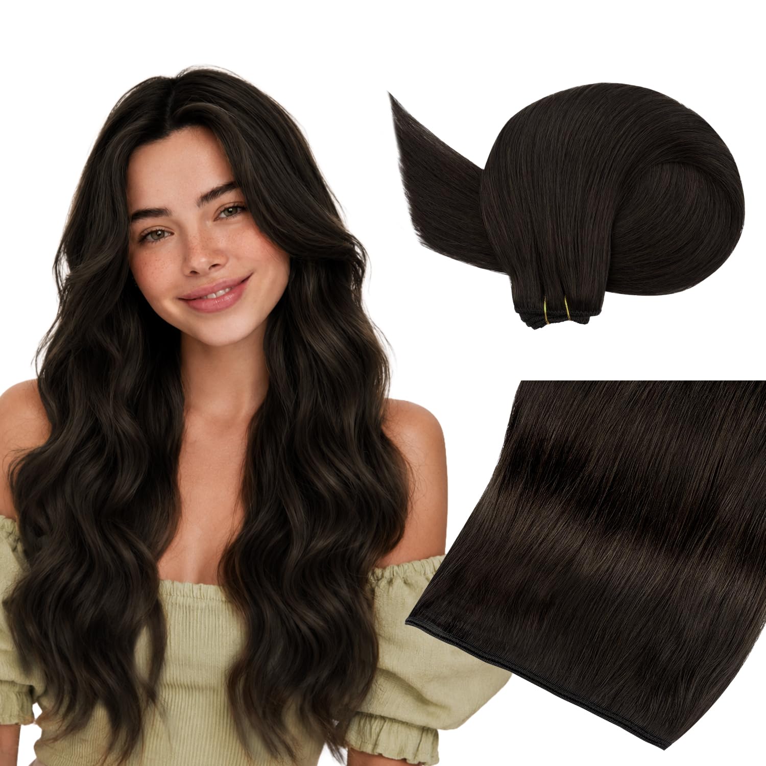 Hotbanana Tressen Extensions Echthaar, Dunkel Braun Remy Weft Extensions Echthaar Weft Haarverlängerung Sew in Hair Extensions 60cm 120g | 120 g #2 Dunkelbraun, doppelte Tressen, für mehr Volumen, zum Einnähen für Partys, Hochzeiten