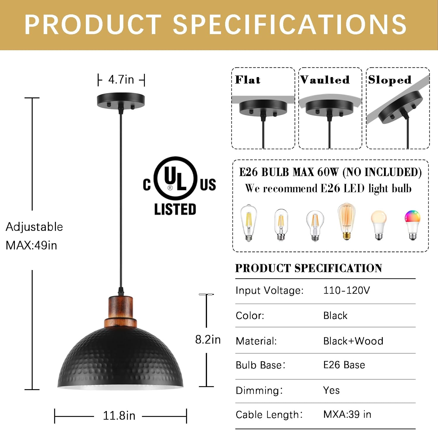 Size 11.8 Color Black Pendant Lights Kitchen Island, 11.8 Hammered Metal Black Dome Pendant Lighting Black and Wood Pendant Light Fixture Hanging Ceiling Light for Dining Living Room Restaurant Sink