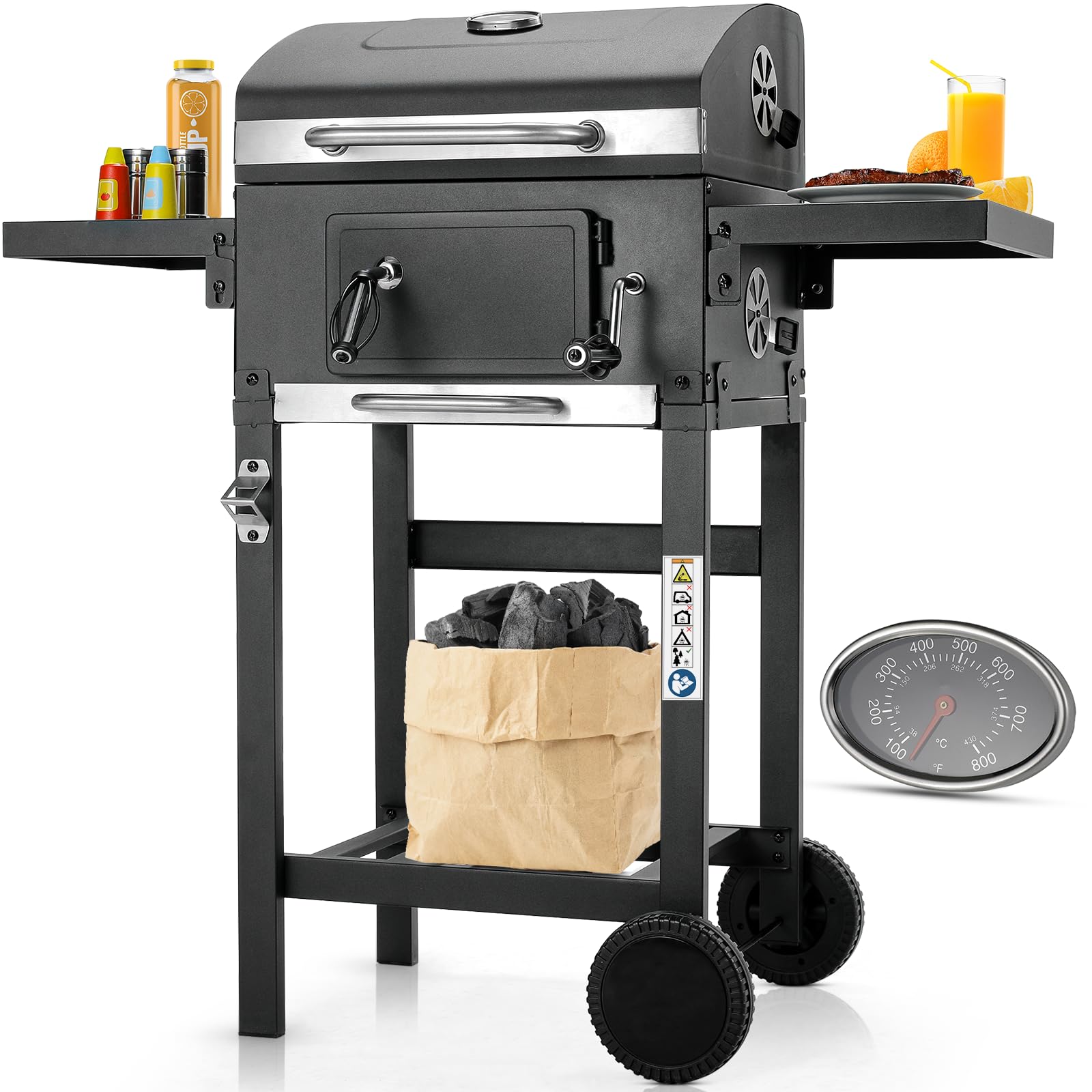 LIFERUN Charcoal BBQ Grill Trolley with Lid, Large Barbecue Smoker with Wheels, Thermometer, Adjustable Charcoal Tray, Folding Shelves, Outdoor Barbecue Trolley for Garden & Camping