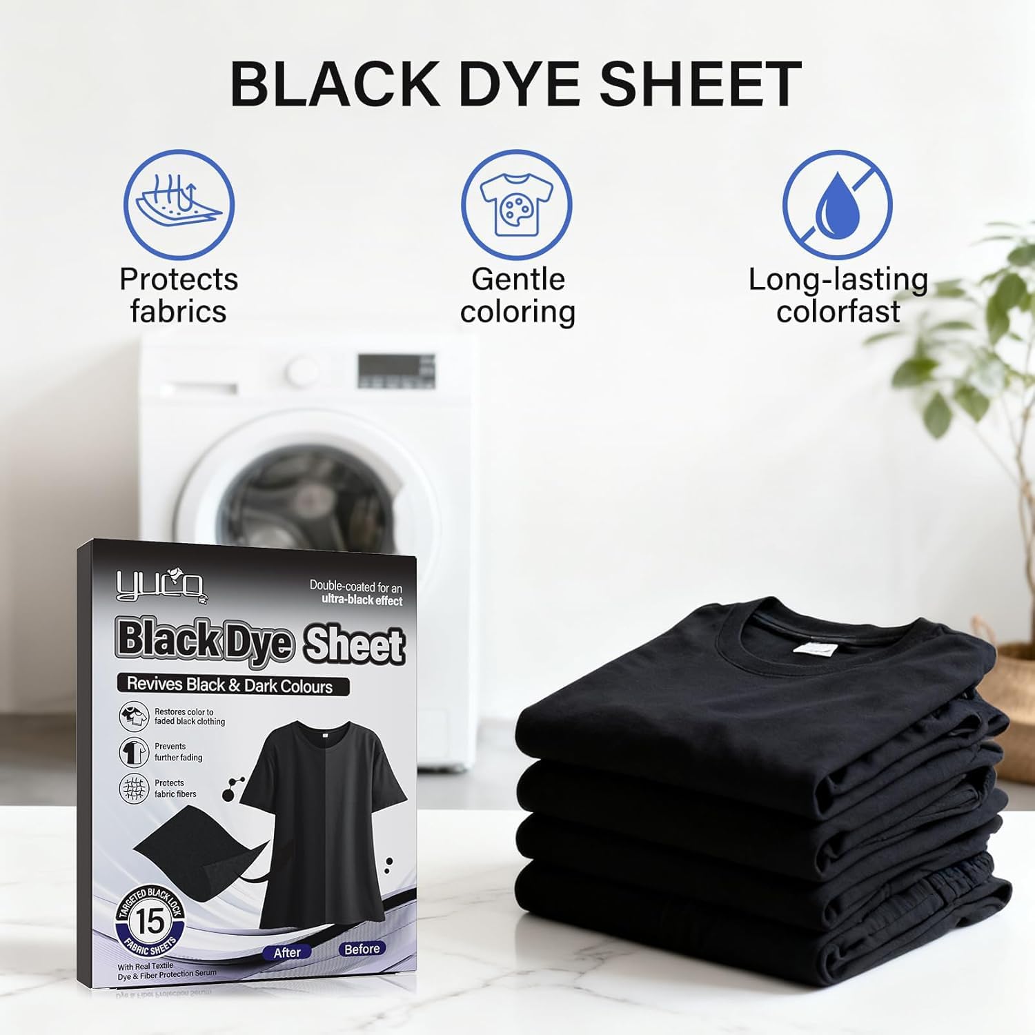 Black Fabric Dye Sheets for Faded Clothing, 15 Count, Machine & Hand Wash