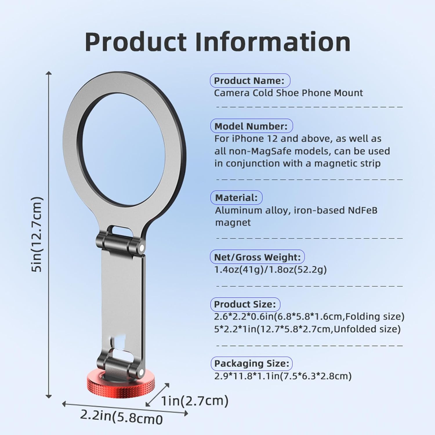 Magnetic Cold Shoe Phone Mount, Foldable Holder 1/4" Thread Tripod Selfie Stick Adapter Compatible with Magsafe Phone Case