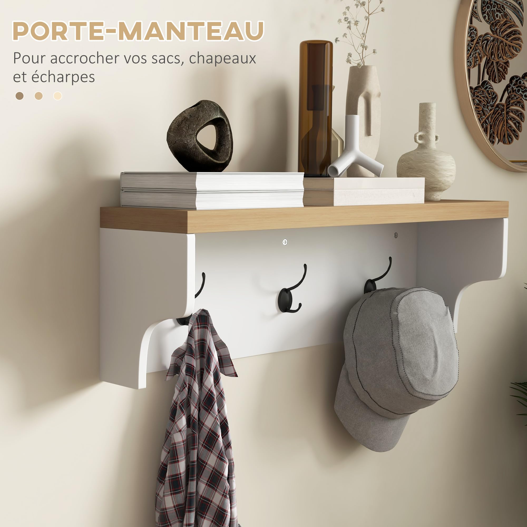 HOMCOM Ensemble Meuble d'Entrée 2-en-1 Porte-Manteau Mural Blanc et Chêne | Banc à Chaussures, Vestiaire, Avec 3 Crochets et 9 Niches, pour Salon, Chambre, Entrée